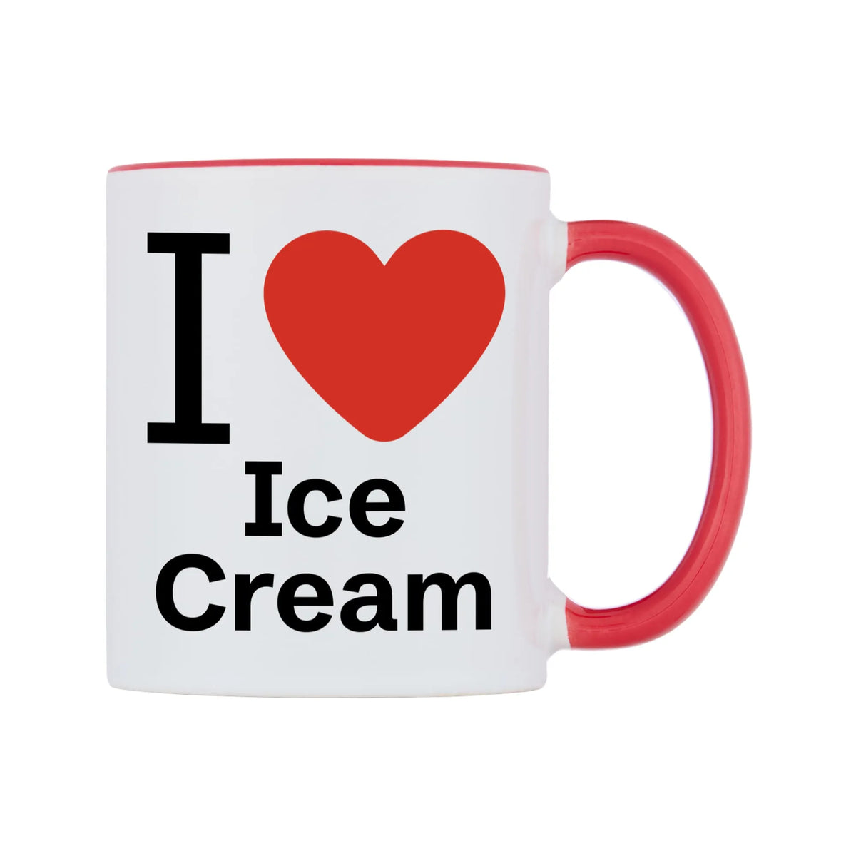 I Love Ice Cream Mug — white 11oz gloss mug with a red inside and handle, left side, on a white background
