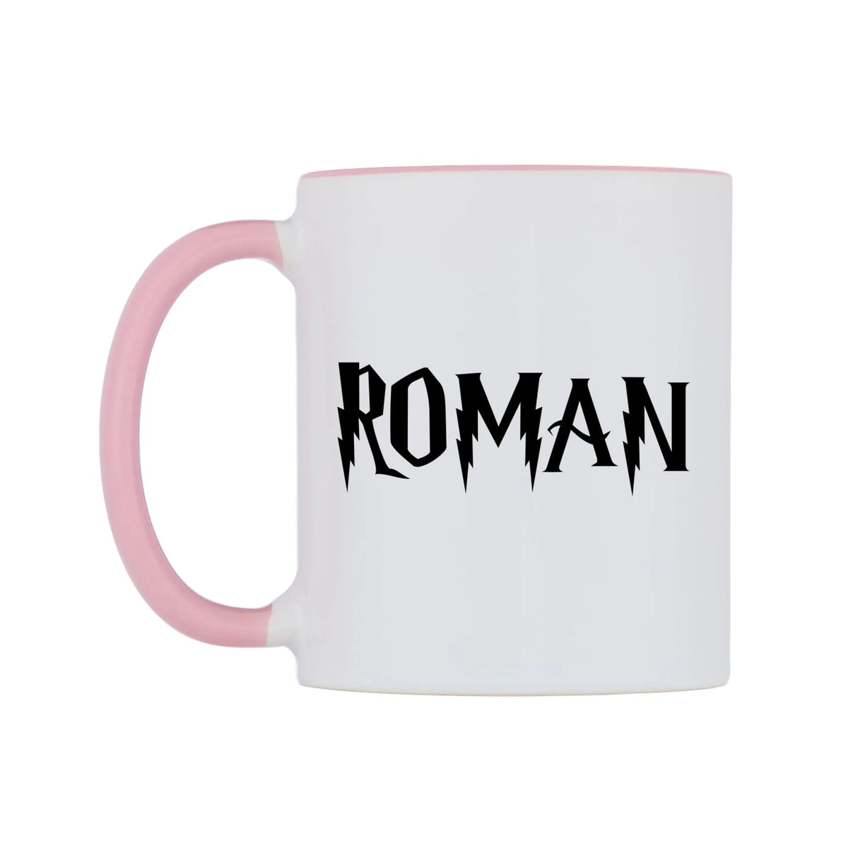 Roman - Wizard Themed Mug — white 11oz gloss mug with a pink inside and handle, right side, on a white background