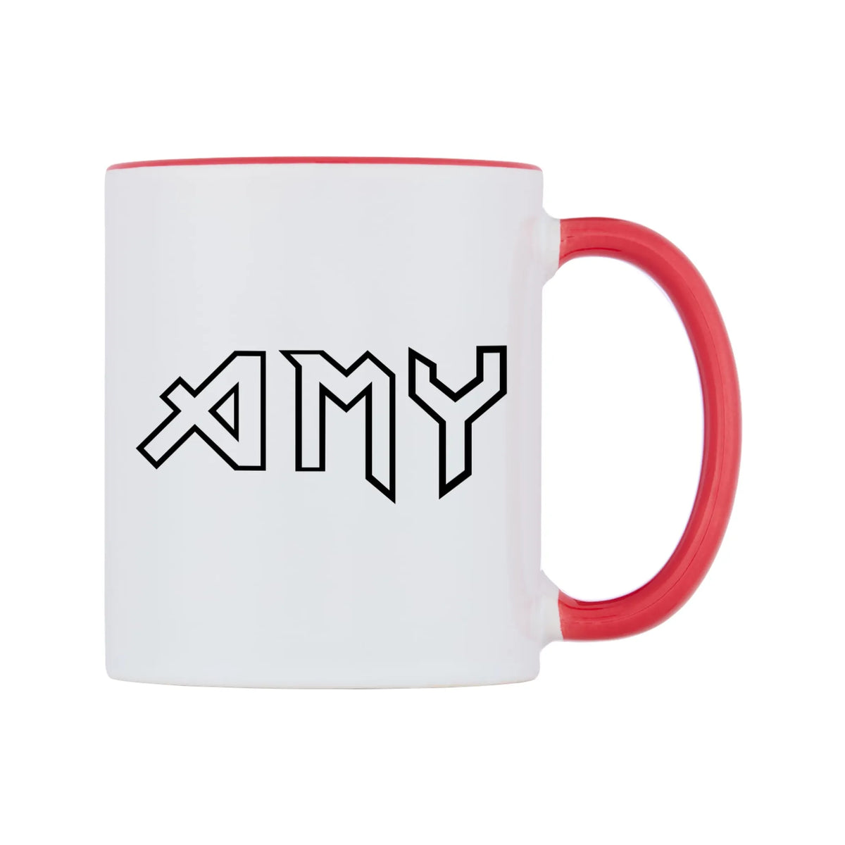 Amy - Iron Maiden Themed Mug — white 11oz gloss mug with a red inside and handle, left side, on a white background