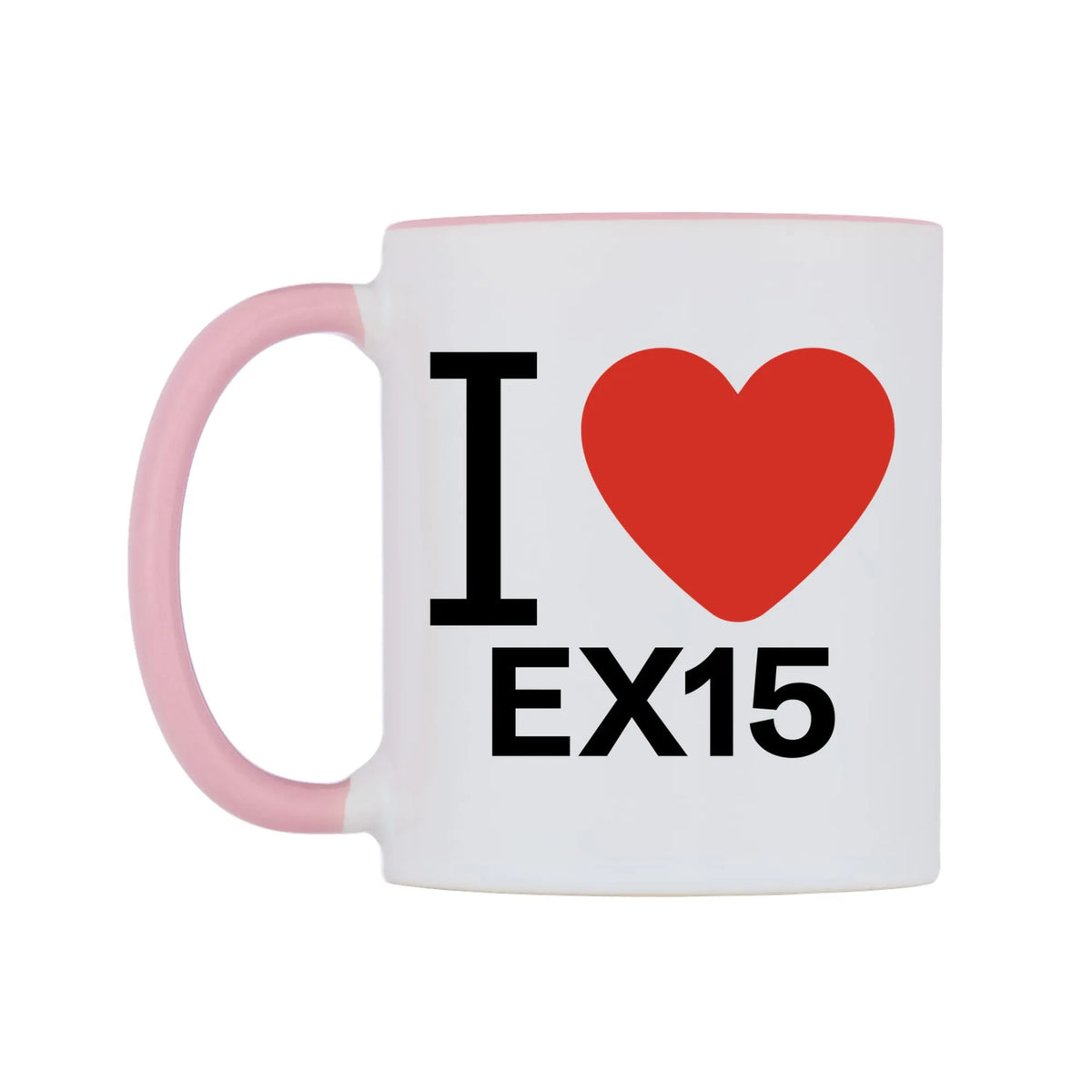I Love EX15 Mug — white 11oz gloss mug with a pink inside and handle, right side, on a white background