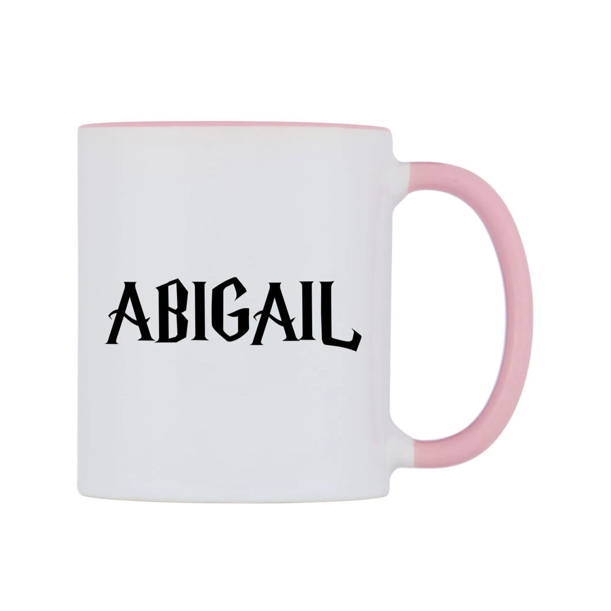 Abigail - Wizard Themed Mug — white 11oz gloss mug with a pink inside and handle, left side, on a white background