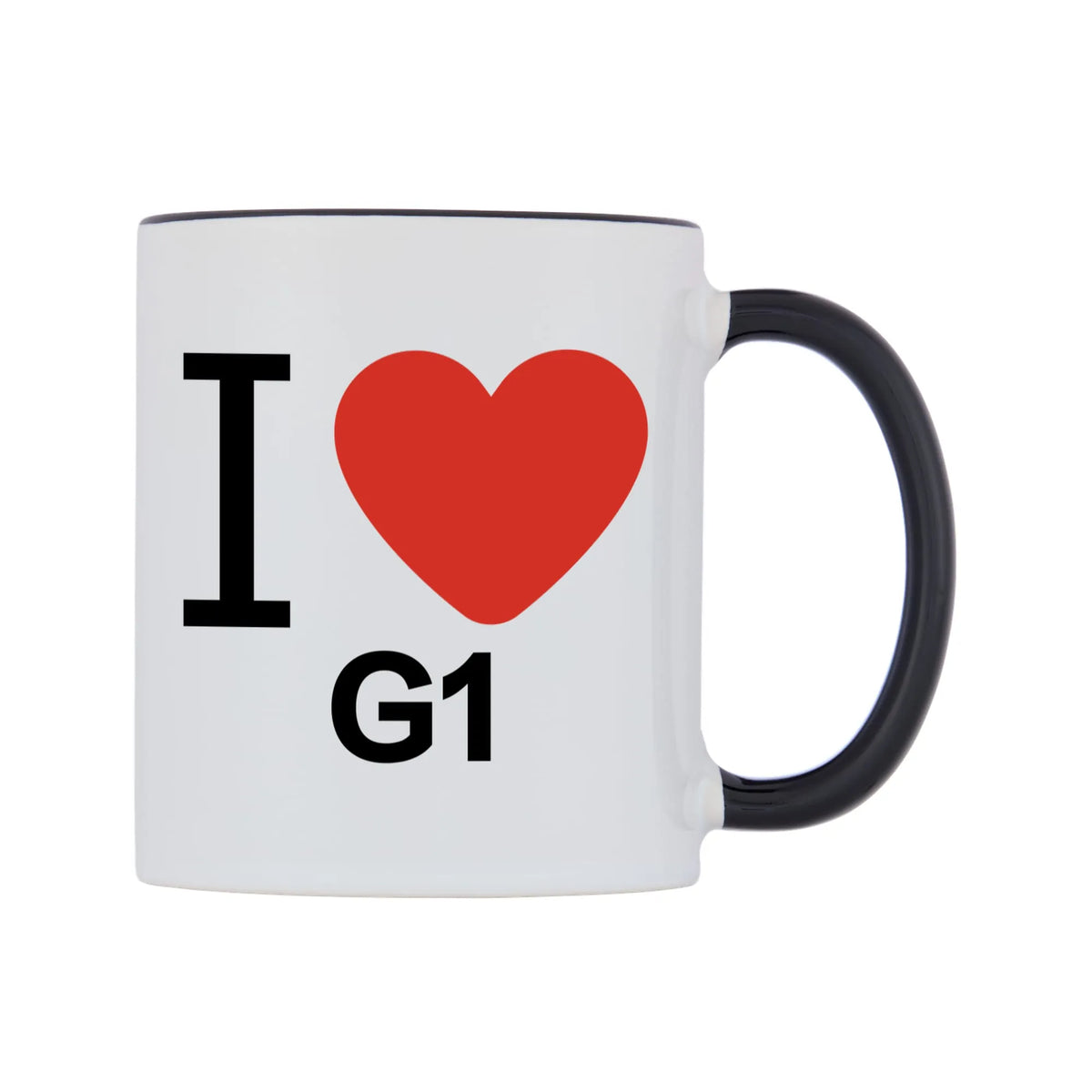 I Love G1 Mug — white 11oz gloss mug with a black inside and handle, left side, on a white background