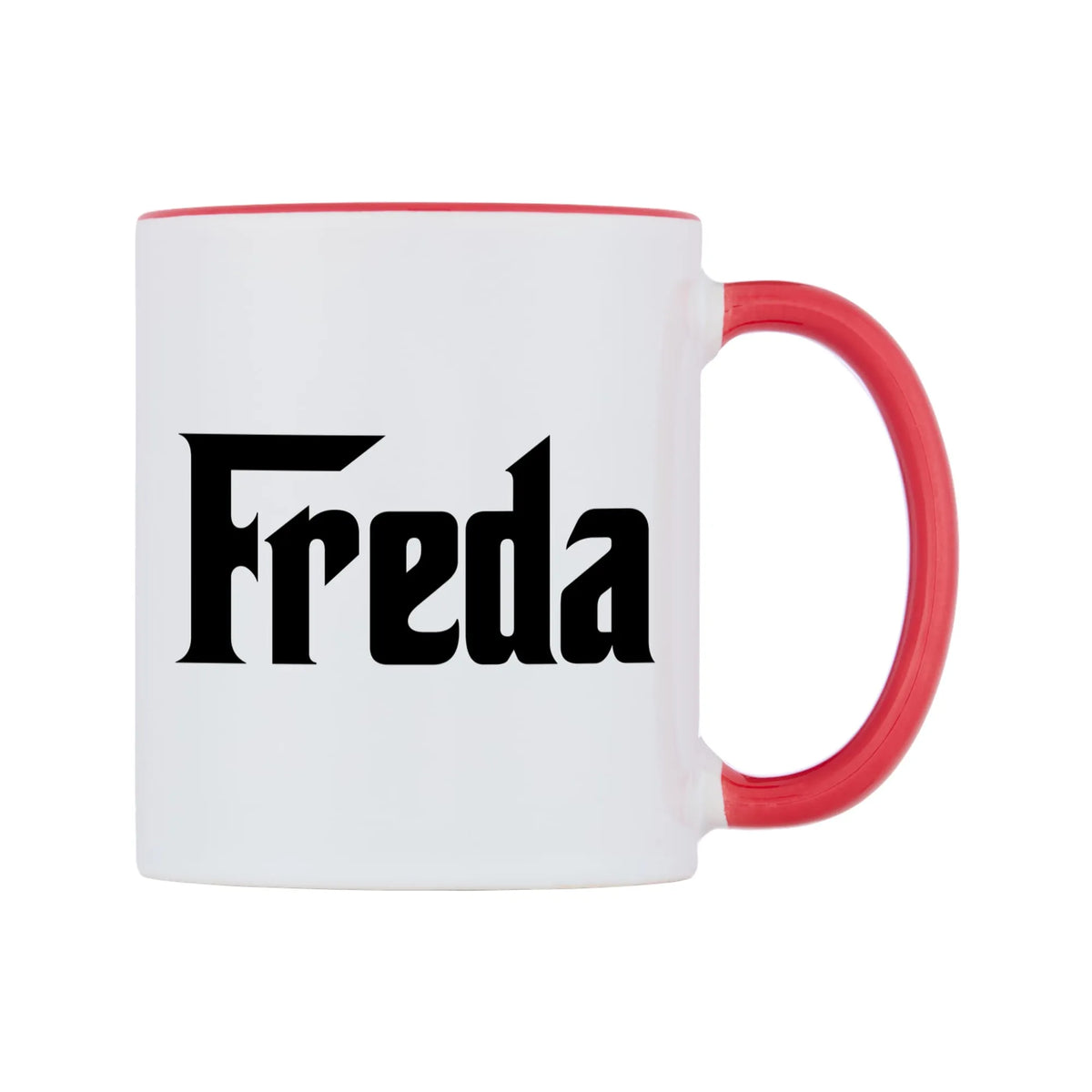 Freda - Godfather Themed Mug — white 11oz gloss mug with a red inside and handle, left side, on a white background
