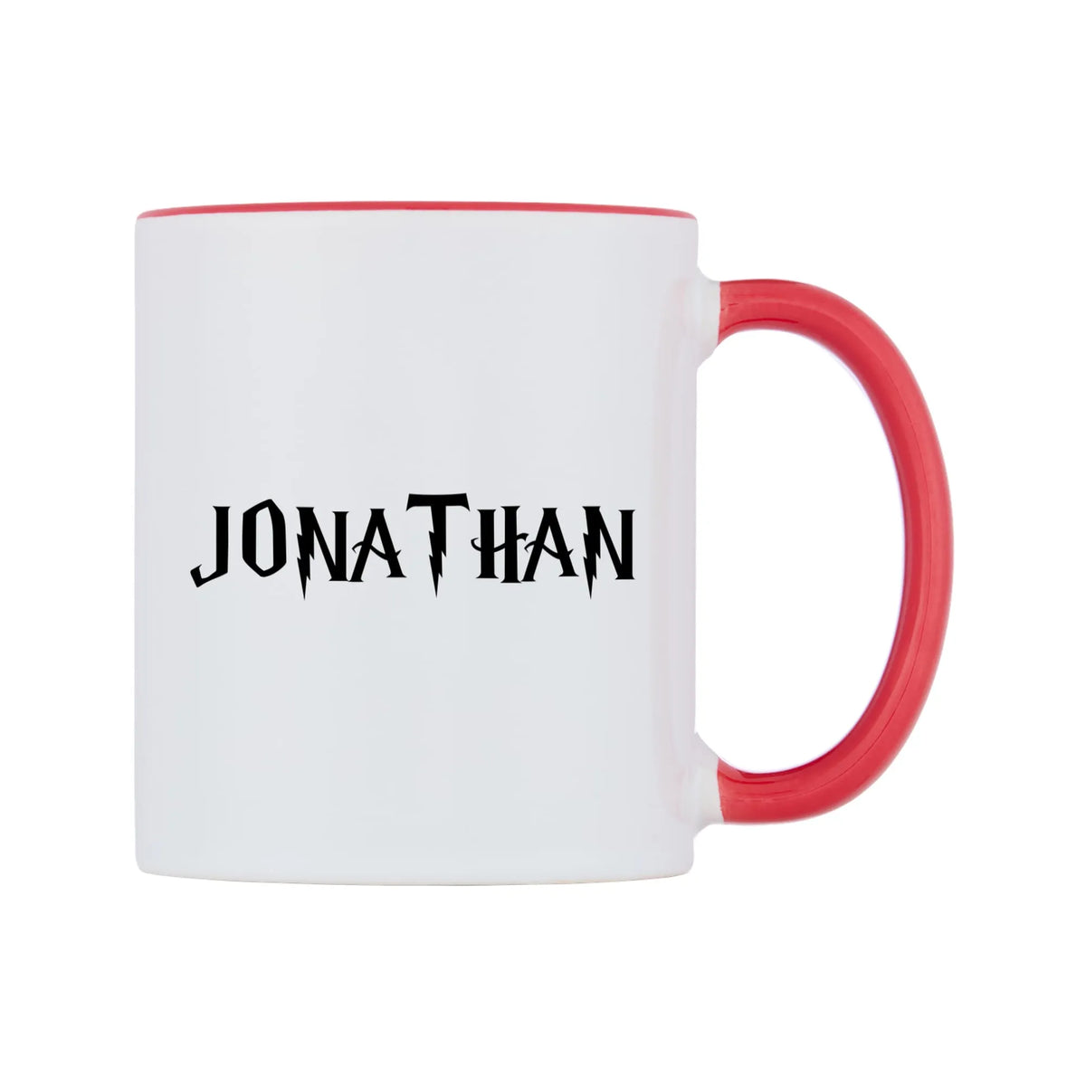 Jonathan - Wizard Themed Mug — white 11oz gloss mug with a red inside and handle, left side, on a white background