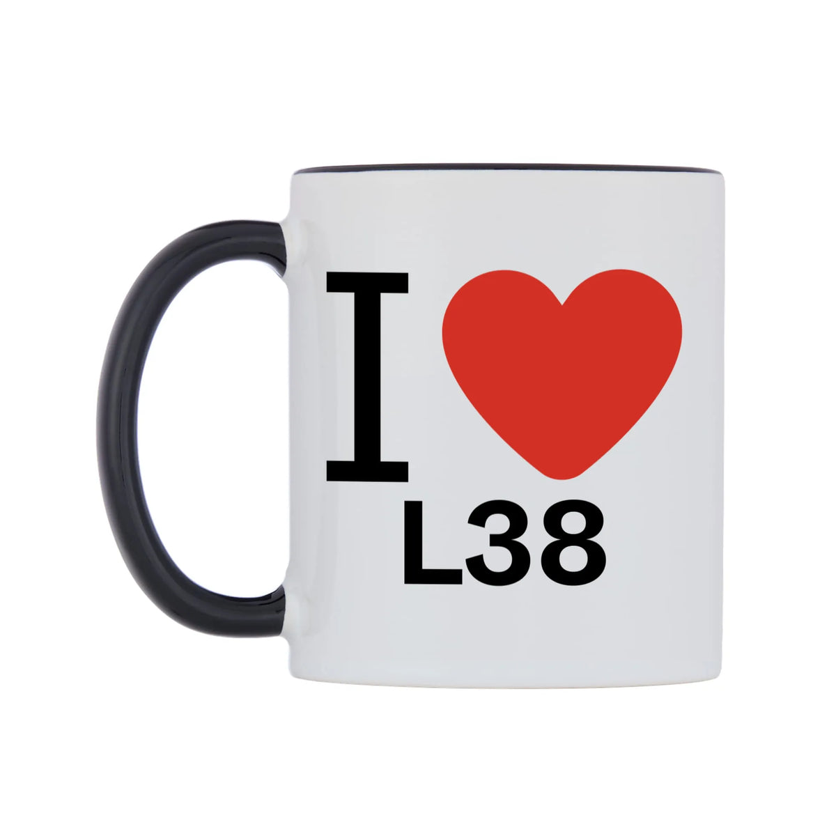 I Love L38 Mug — white 11oz gloss mug with a black inside and handle, right side, on a white background