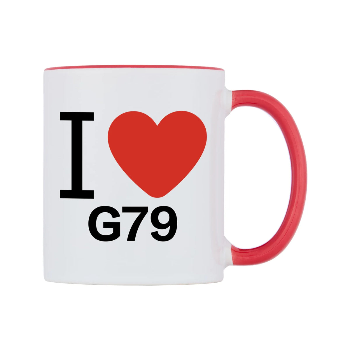 I Love G79 Mug — white 11oz gloss mug with a red inside and handle, left side, on a white background