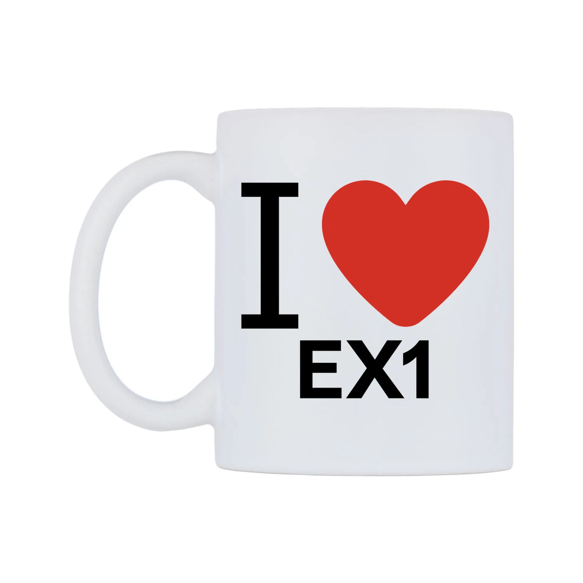 I Love EX1 Mug — white 11oz gloss mug, right side, on a white background
