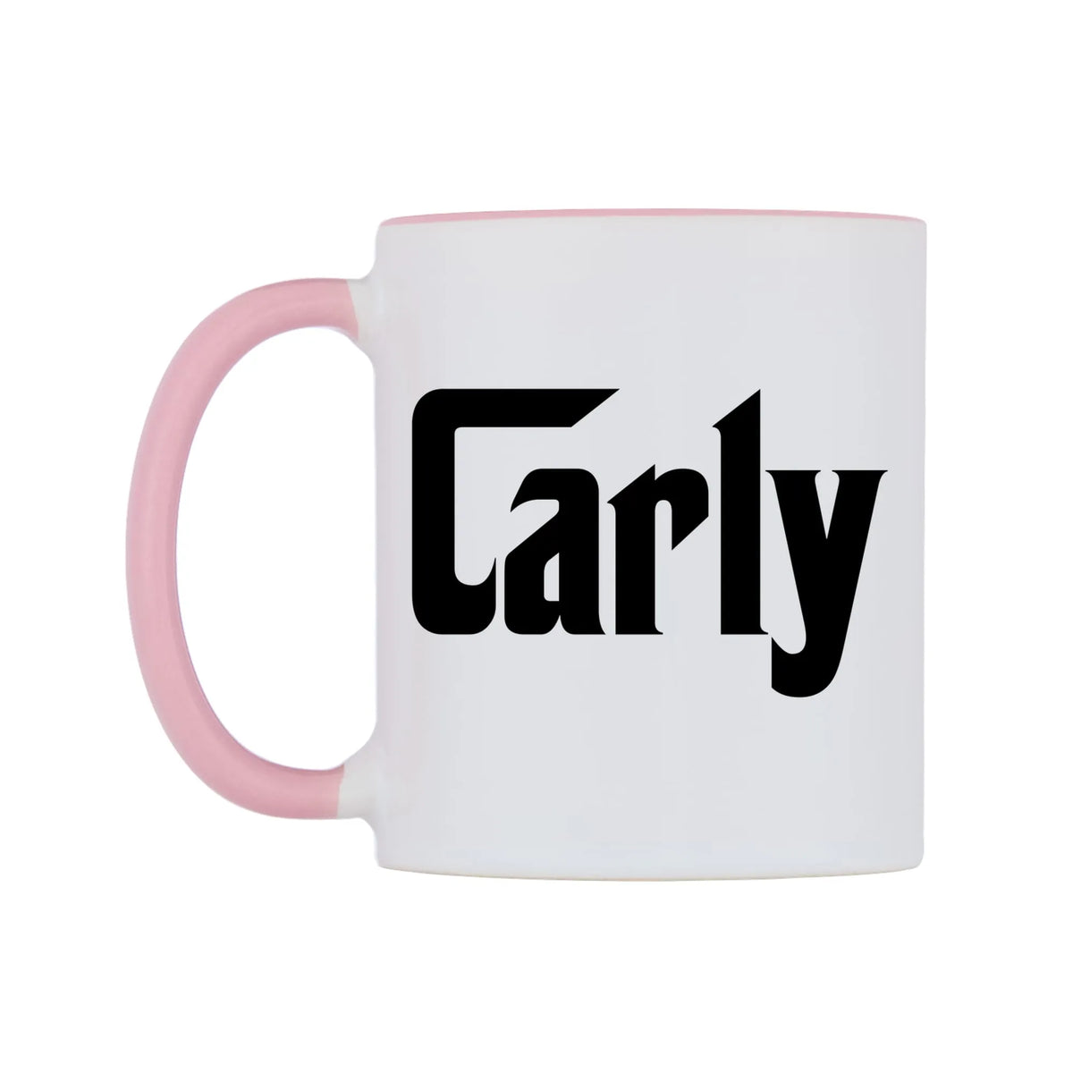 Carly - Godfather Themed Mug — white 11oz gloss mug with a pink inside and handle, right side, on a white background