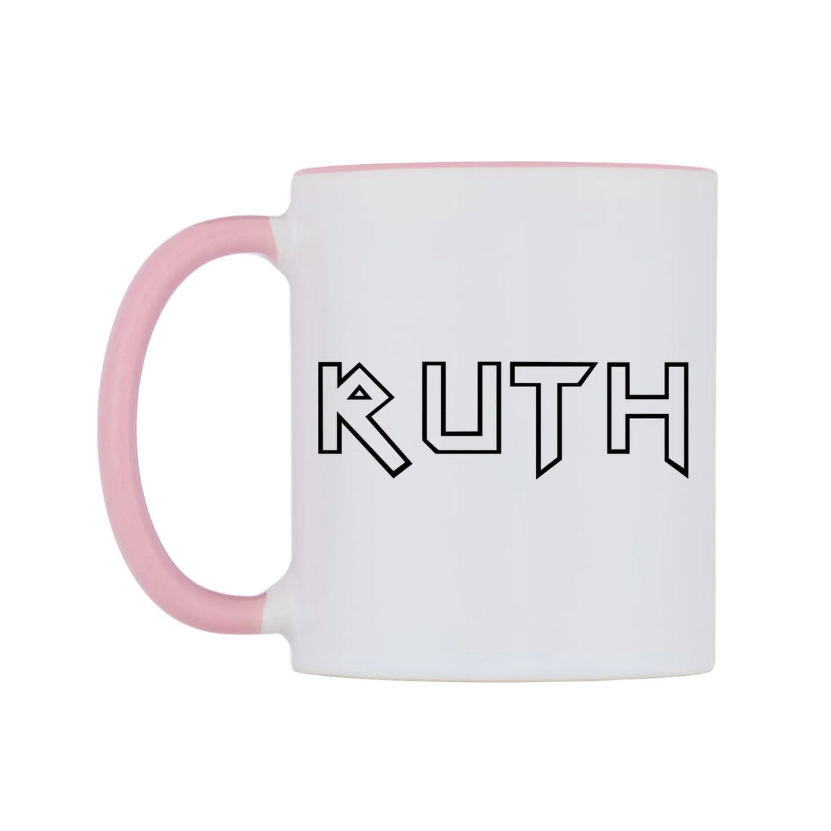 Ruth - Iron Maiden Themed Mug — white 11oz gloss mug with a pink inside and handle, right side, on a white background