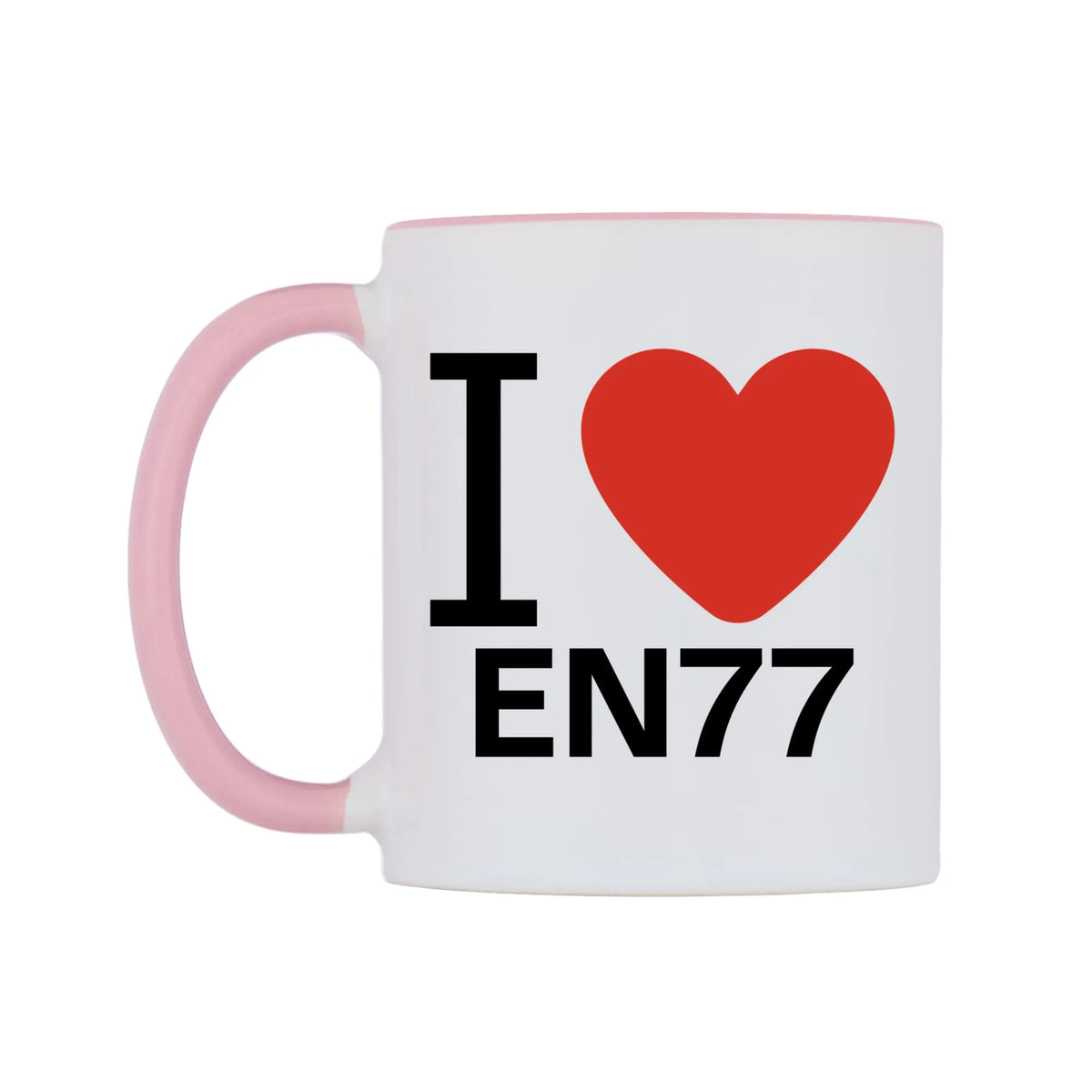 I Love EN77 Mug — white 11oz gloss mug with a pink inside and handle, right side, on a white background