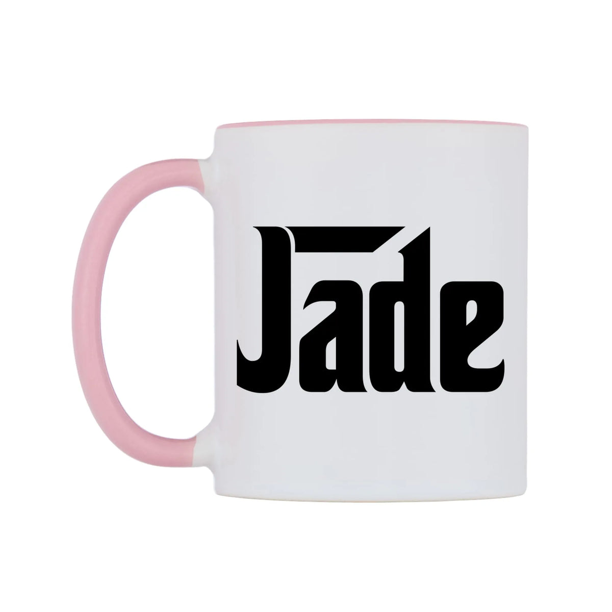 Jade - Godfather Themed Mug — white 11oz gloss mug with a pink inside and handle, right side, on a white background