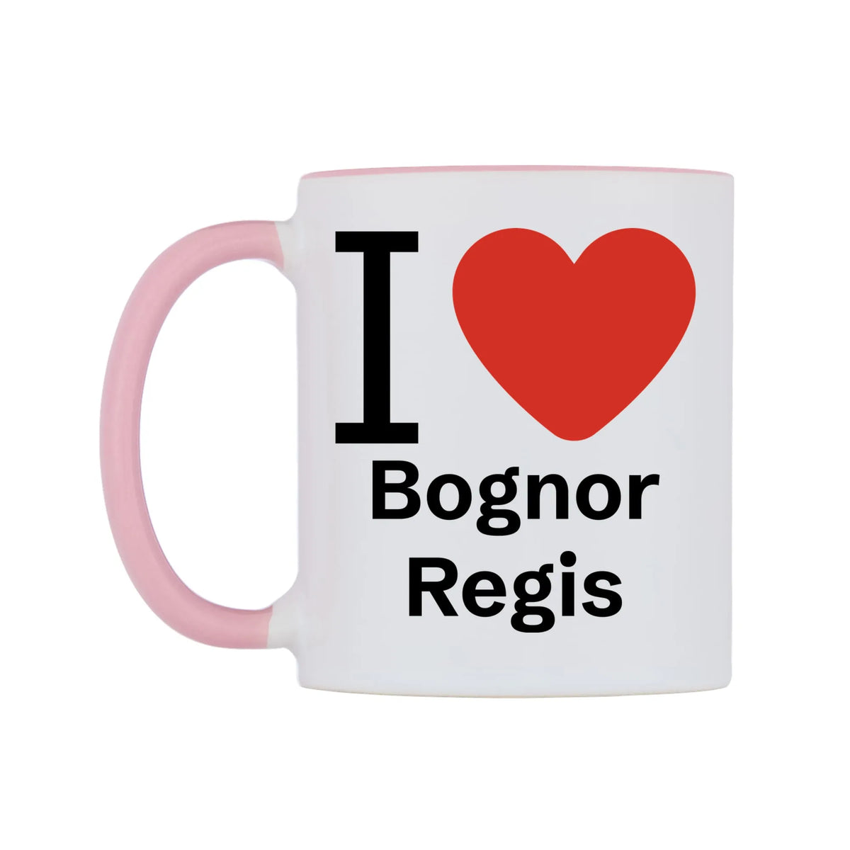 I Love Bognor Regis Mug — white 11oz gloss mug with a pink inside and handle, right side, on a white background