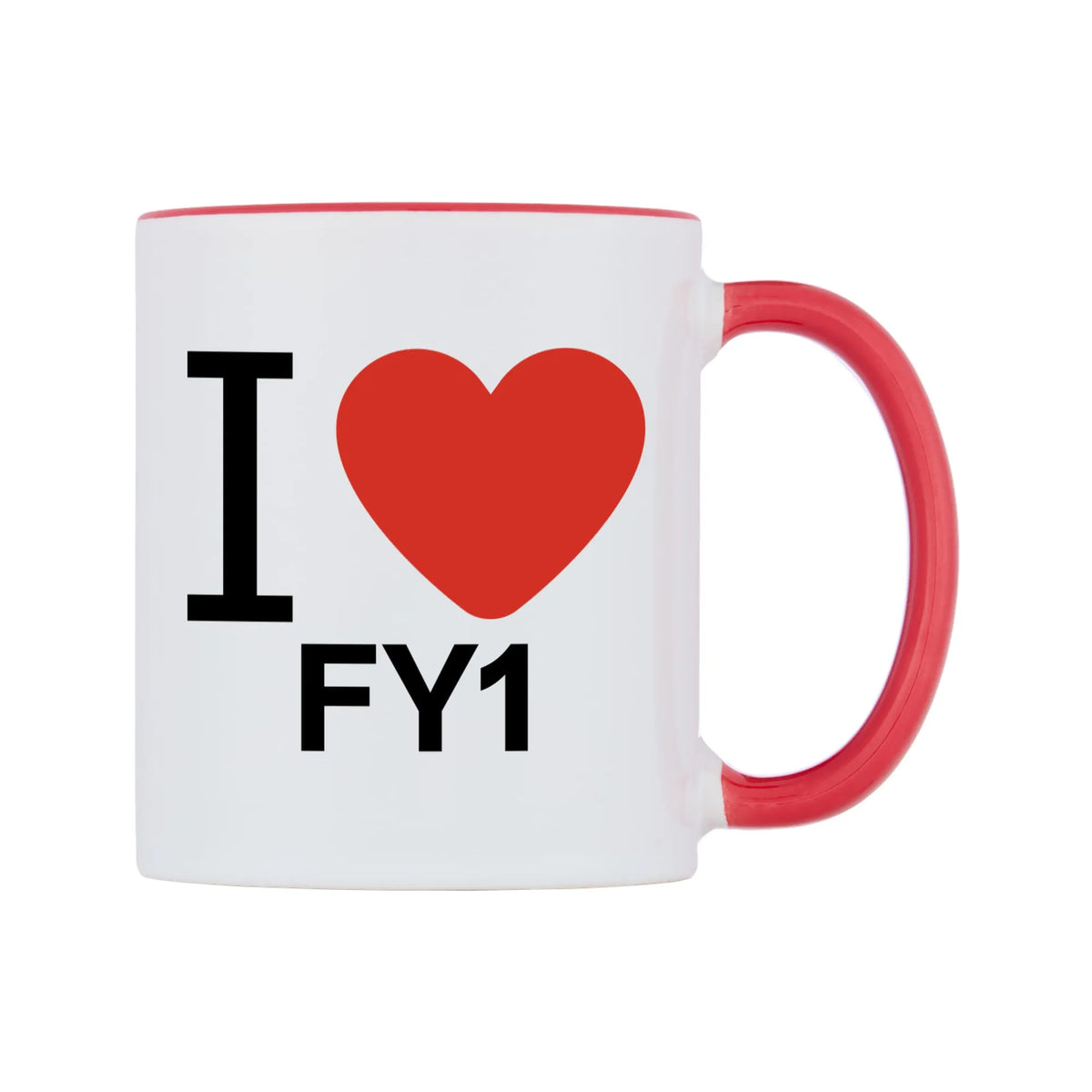 I Love FY1 Mug — white 11oz gloss mug with a red inside and handle, left side, on a white background