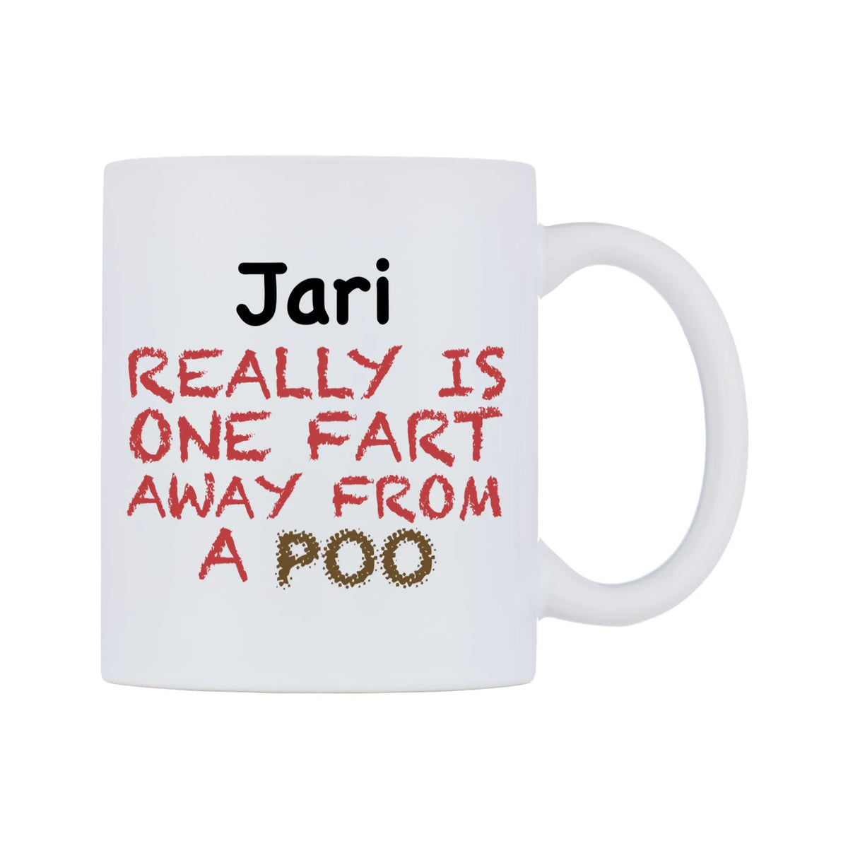 Jari Really is ONE Fart Away from A Poo Mug — mug, left side, on a white background
