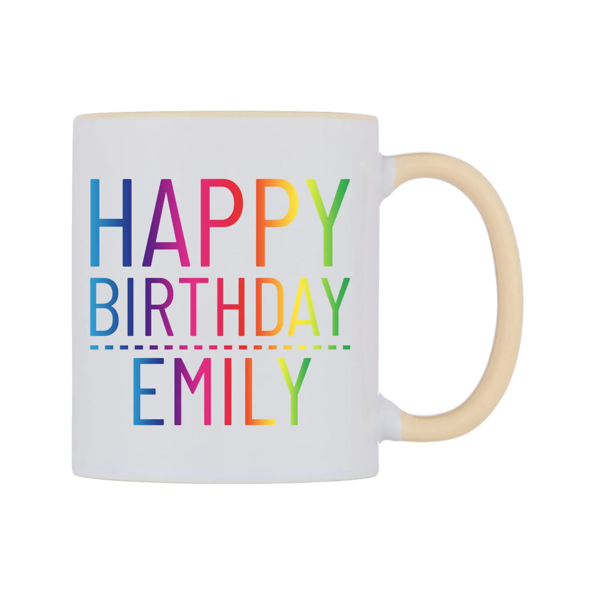 Personalised Happy Birthday (Rainbow) Mug — white 11oz gloss mug with a beige inside and handle, left side, on a white background