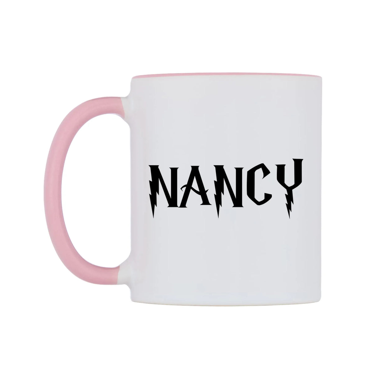 Nancy - Wizard Themed Mug — white 11oz gloss mug with a pink inside and handle, right side, on a white background