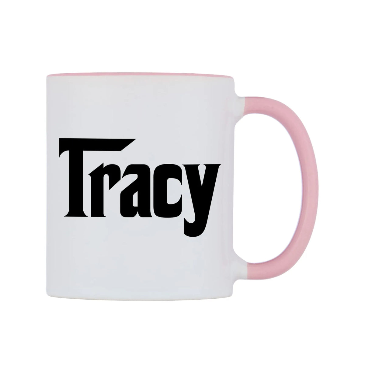 Tracy - Godfather Themed Mug — white 11oz gloss mug with a pink inside and handle, left side, on a white background