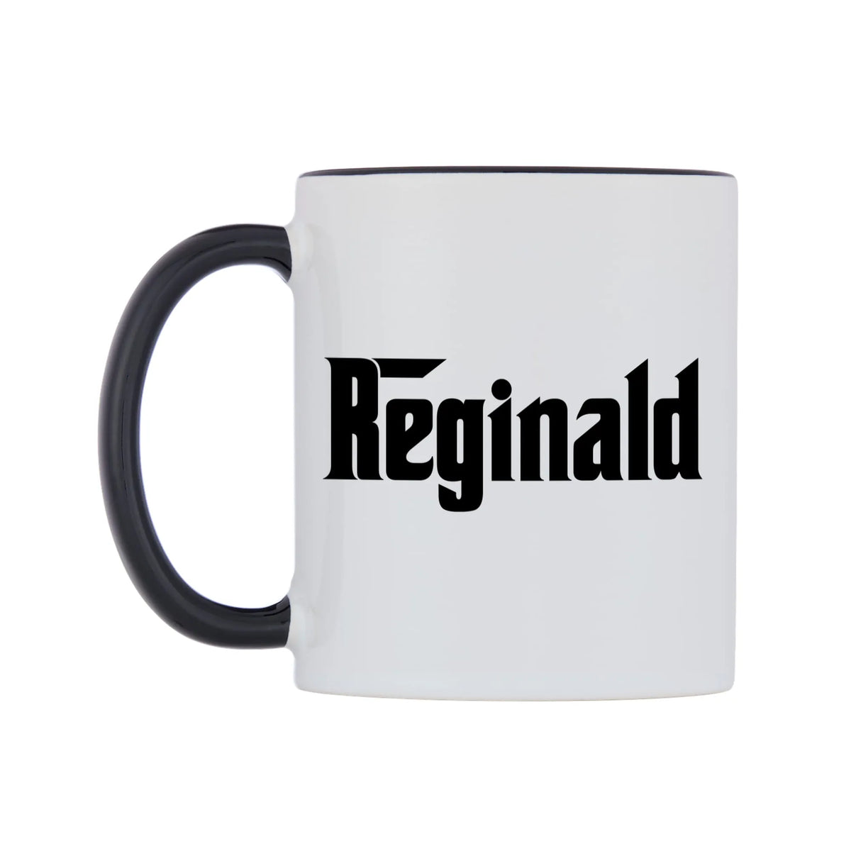 Reginald - Godfather Themed Mug — white 11oz gloss mug with a black inside and handle, right side, on a white background