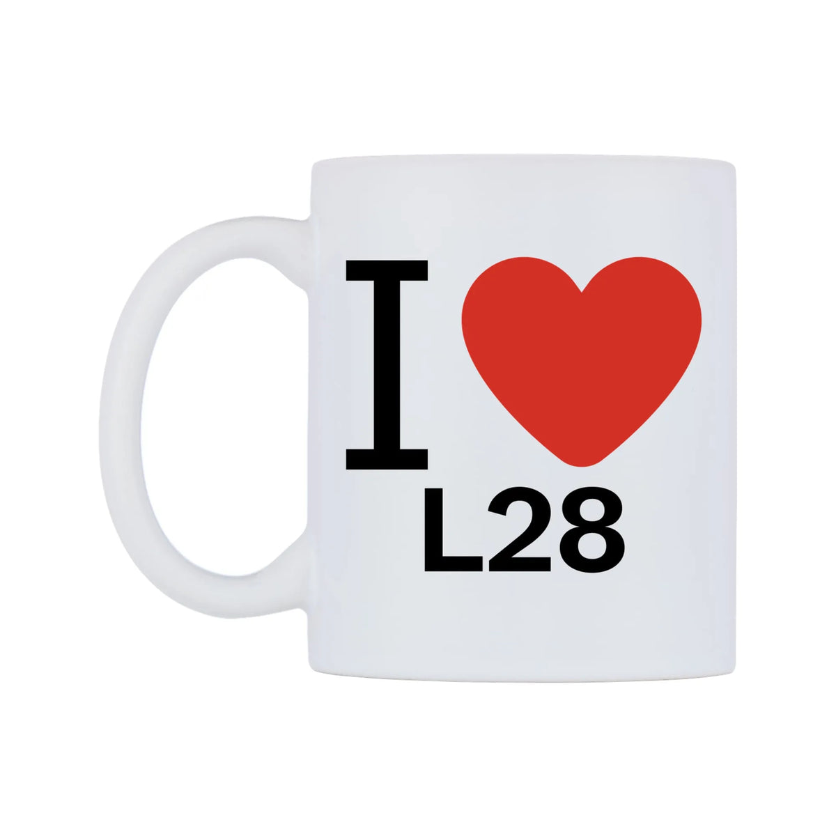 I Love L28 Mug — white 11oz gloss mug, right side, on a white background