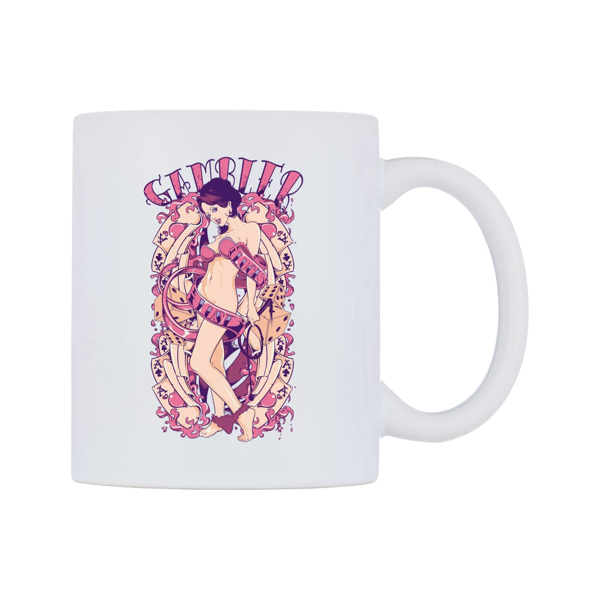 Gambler of Luck and Lust Mug — white 11oz gloss mug, left side, on a white background