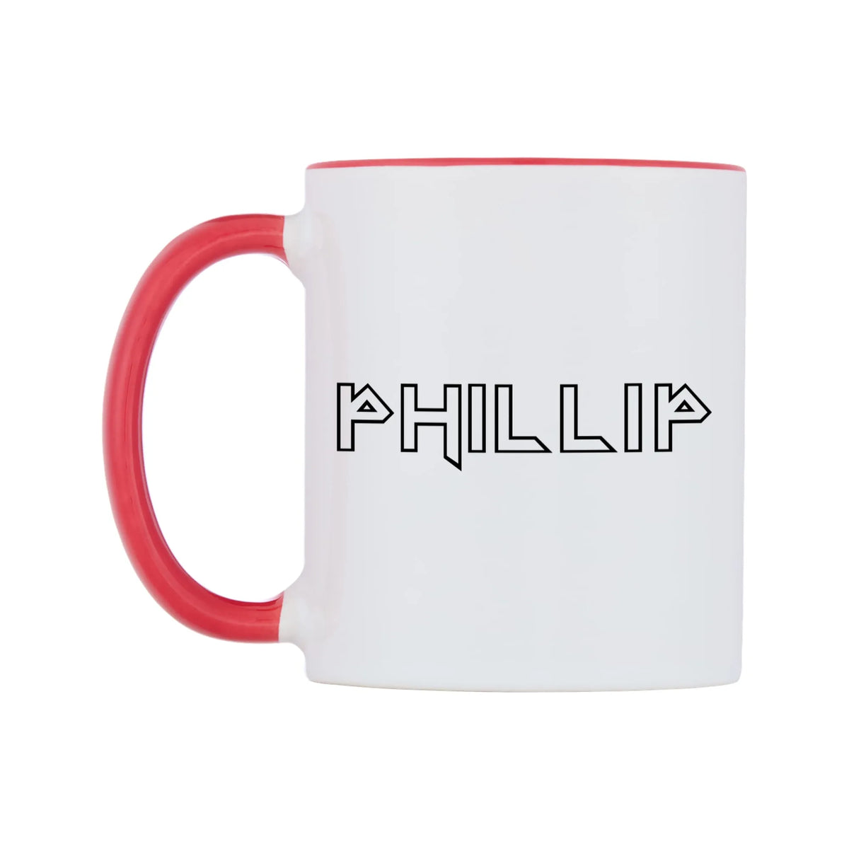 Phillip - Iron Maiden Themed Mug — white 11oz gloss mug with a red inside and handle, right side, on a white background