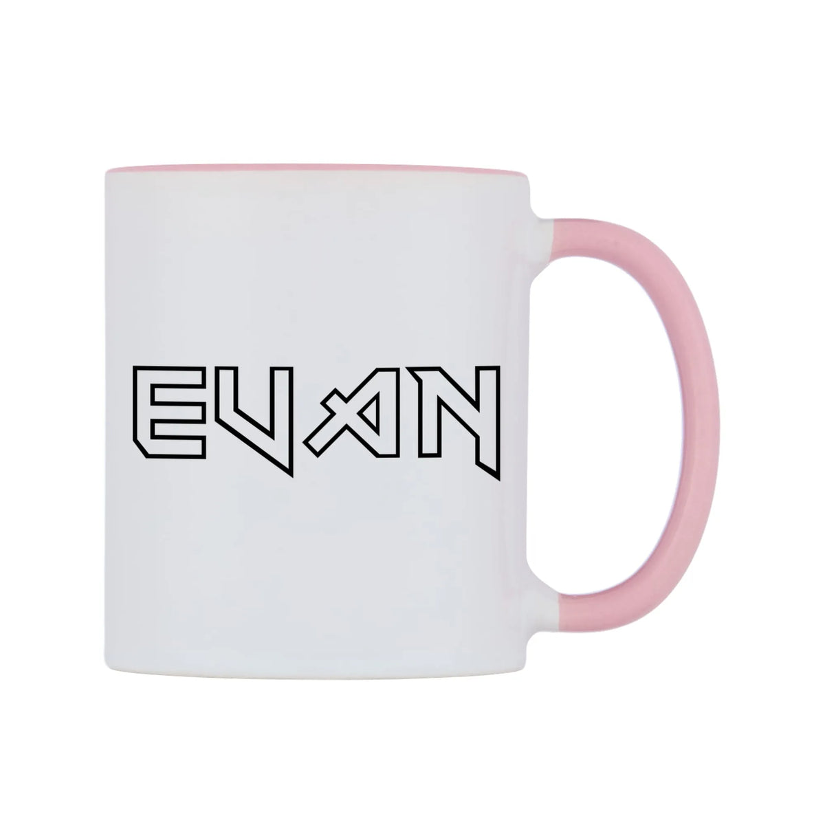 Evan - Iron Maiden Themed Mug — white 11oz gloss mug with a pink inside and handle, left side, on a white background