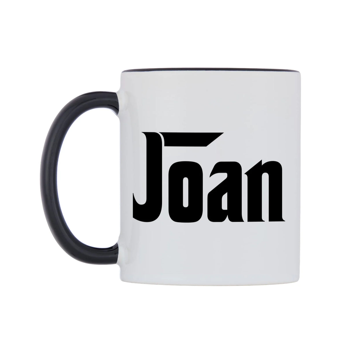 Joan - Godfather Themed Mug — white 11oz gloss mug with a black inside and handle, right side, on a white background