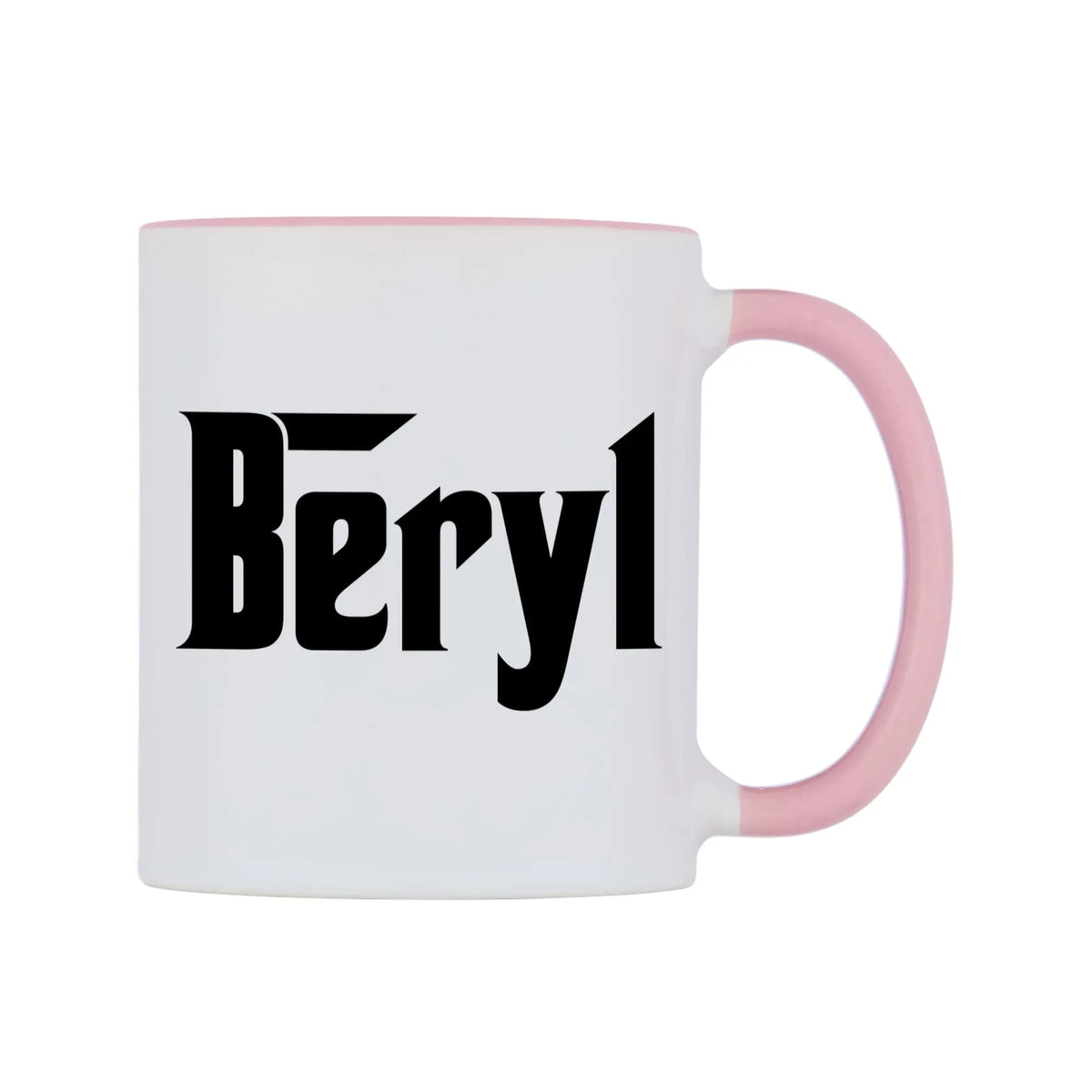 Beryl - Godfather Themed Mug — white 11oz gloss mug with a pink inside and handle, left side, on a white background