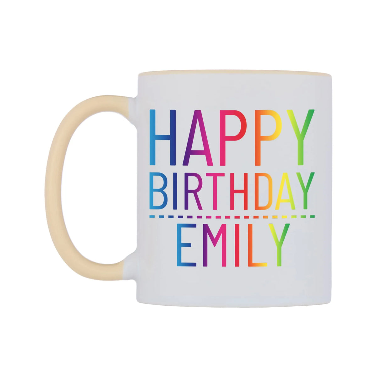 Personalised Happy Birthday (Rainbow) Mug — white 11oz gloss mug with a beige inside and handle, right side, on a white background