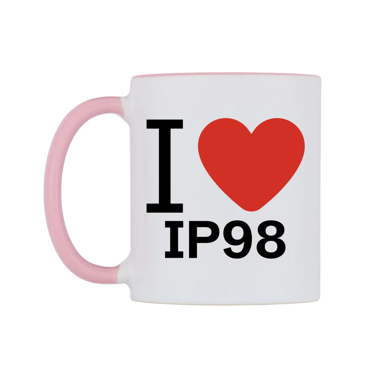 I Love IP98 Mug — white 11oz gloss mug with a pink inside and handle, right side, on a white background