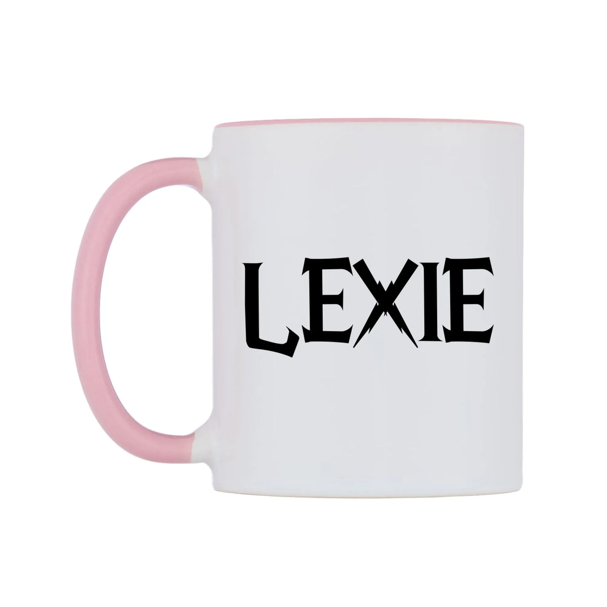 Lexie - Wizard Themed Mug — white 11oz gloss mug with a pink inside and handle, right side, on a white background