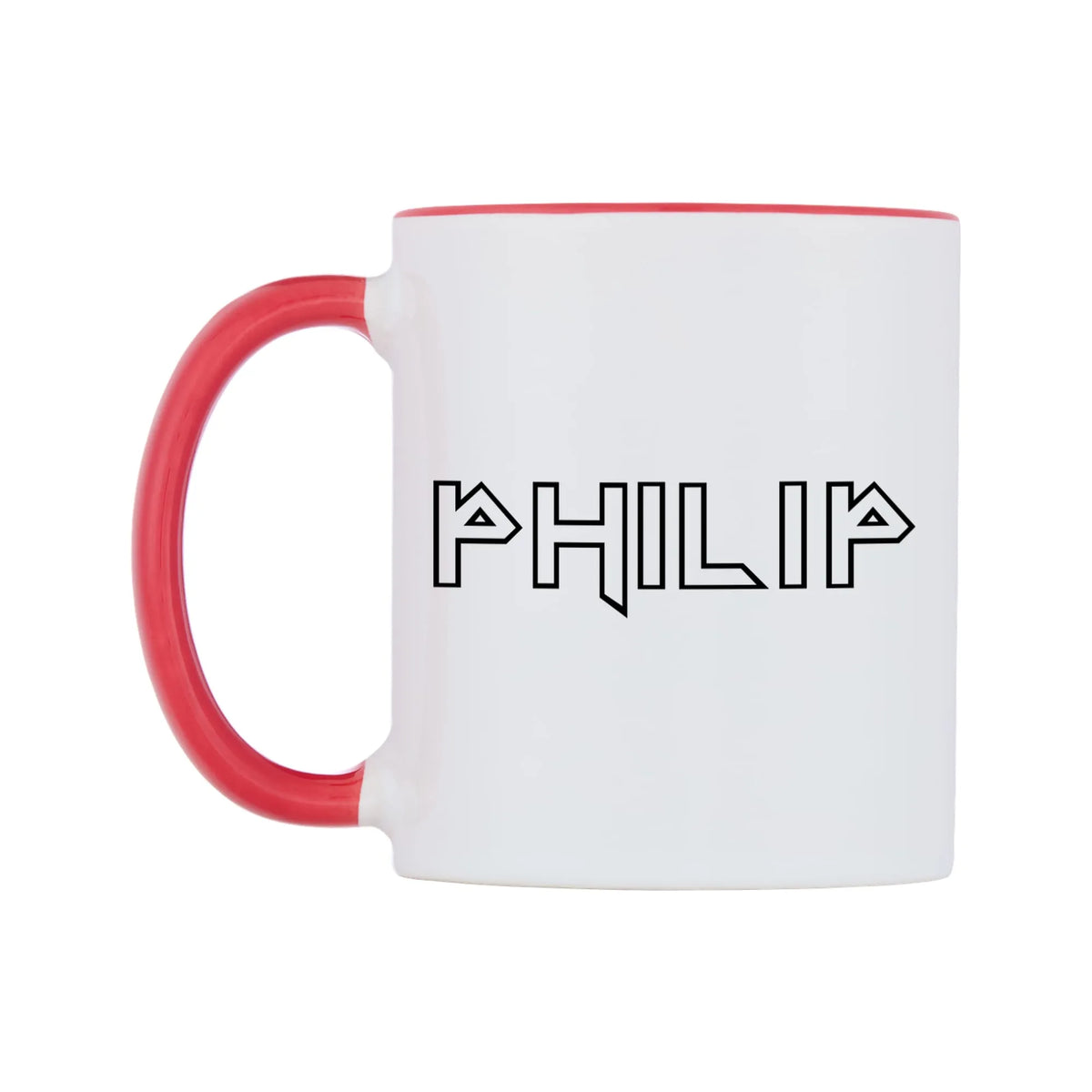 Philip - Iron Maiden Themed Mug — white 11oz gloss mug with a red inside and handle, right side, on a white background