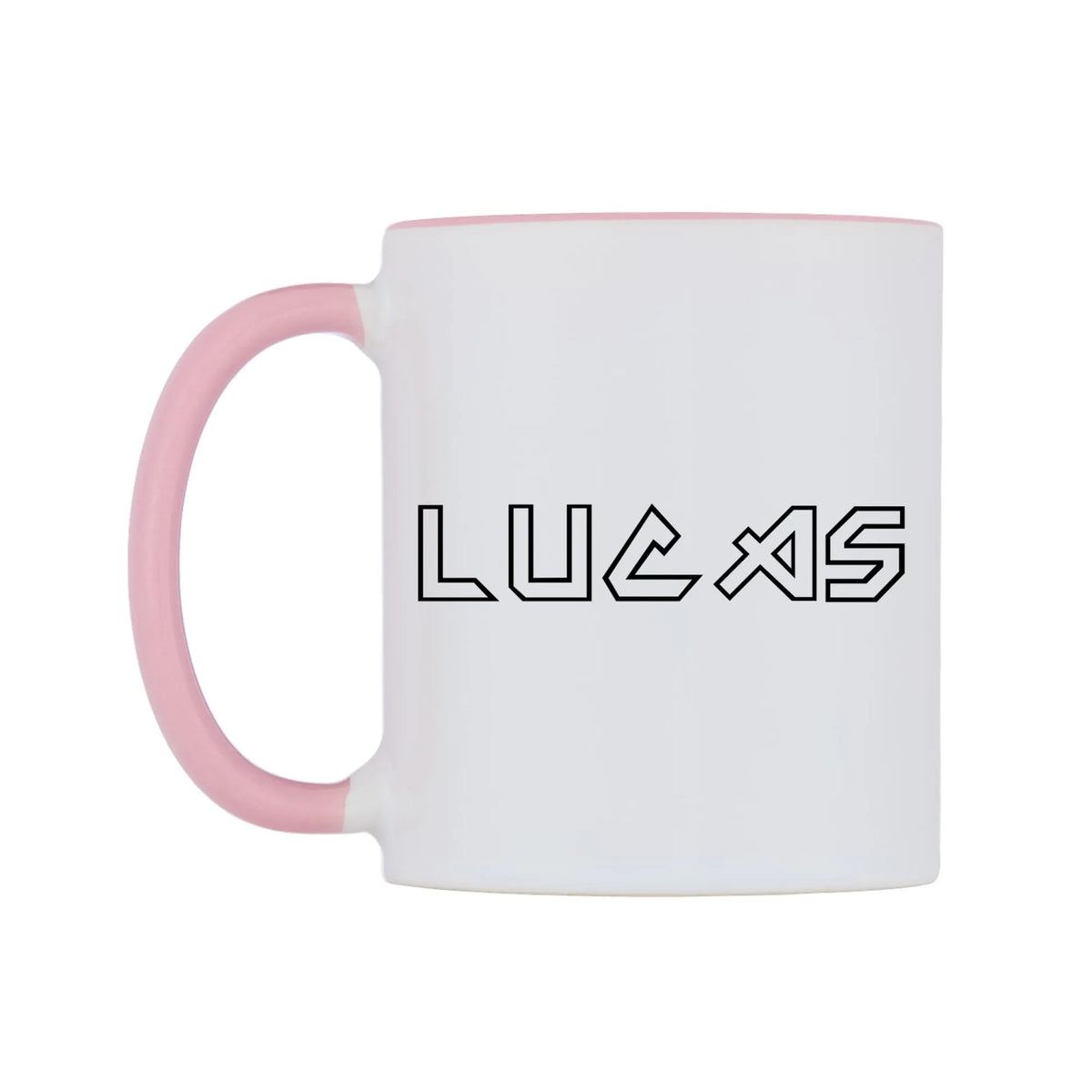 Lucas - Iron Maiden Themed Mug — white 11oz gloss mug with a pink inside and handle, right side, on a white background