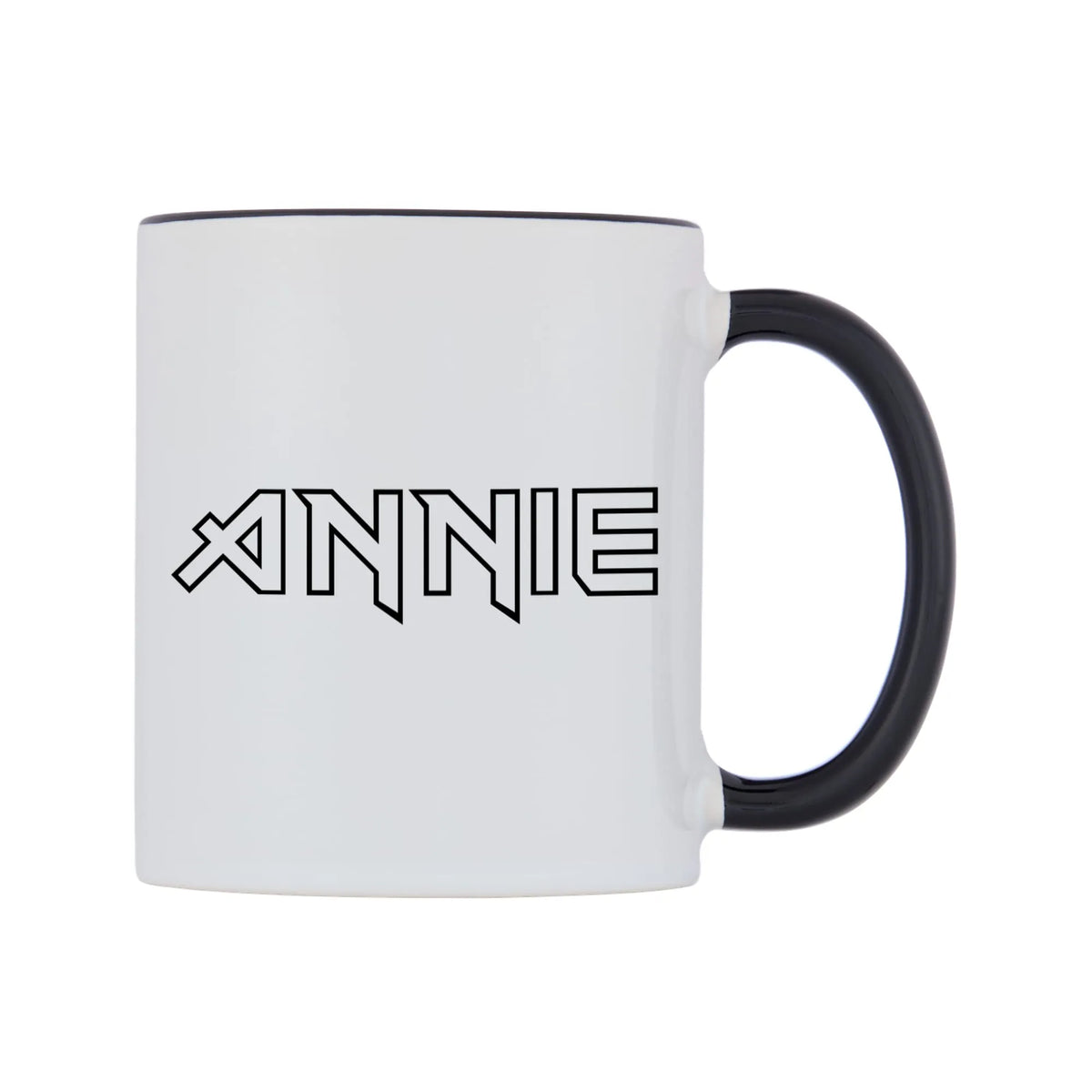 Annie - Iron Maiden Themed Mug — white 11oz gloss mug with a black inside and handle, left side, on a white background