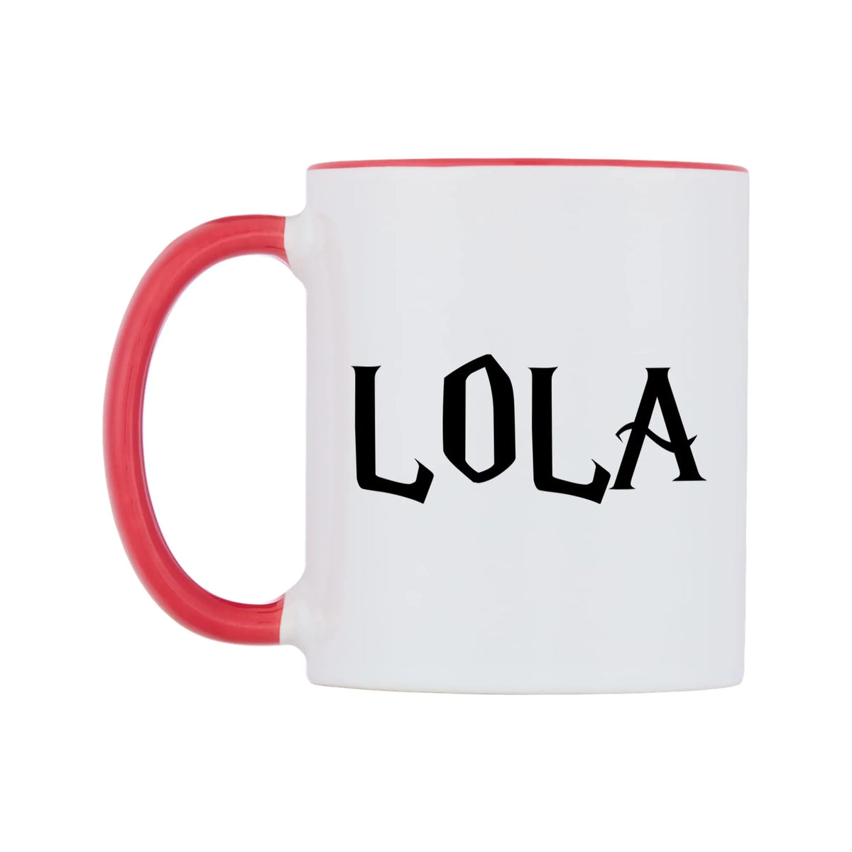 Lola - Wizard Themed Mug — white 11oz gloss mug with a red inside and handle, right side, on a white background