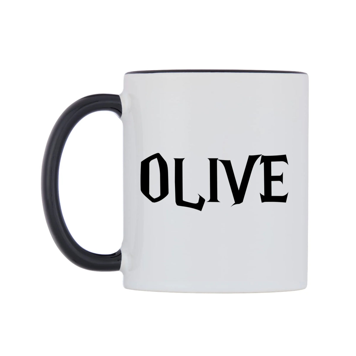 Olive - Wizard Themed Mug — white 11oz gloss mug with a black inside and handle, right side, on a white background