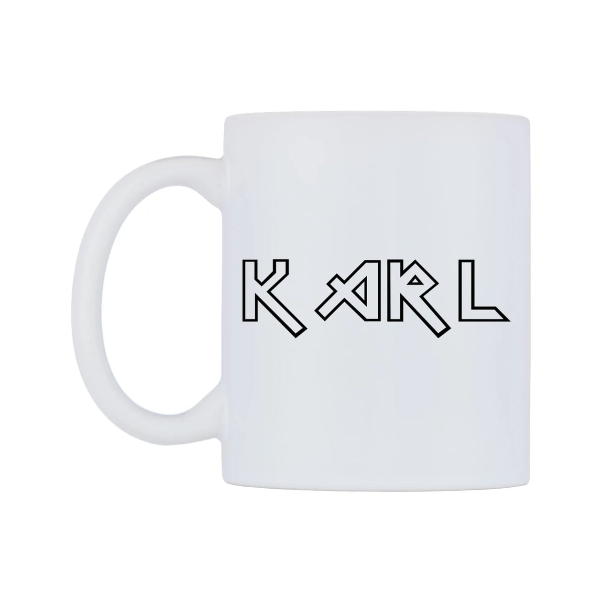 Karl - Iron Maiden Themed Mug — white 11oz gloss mug, right side, on a white background