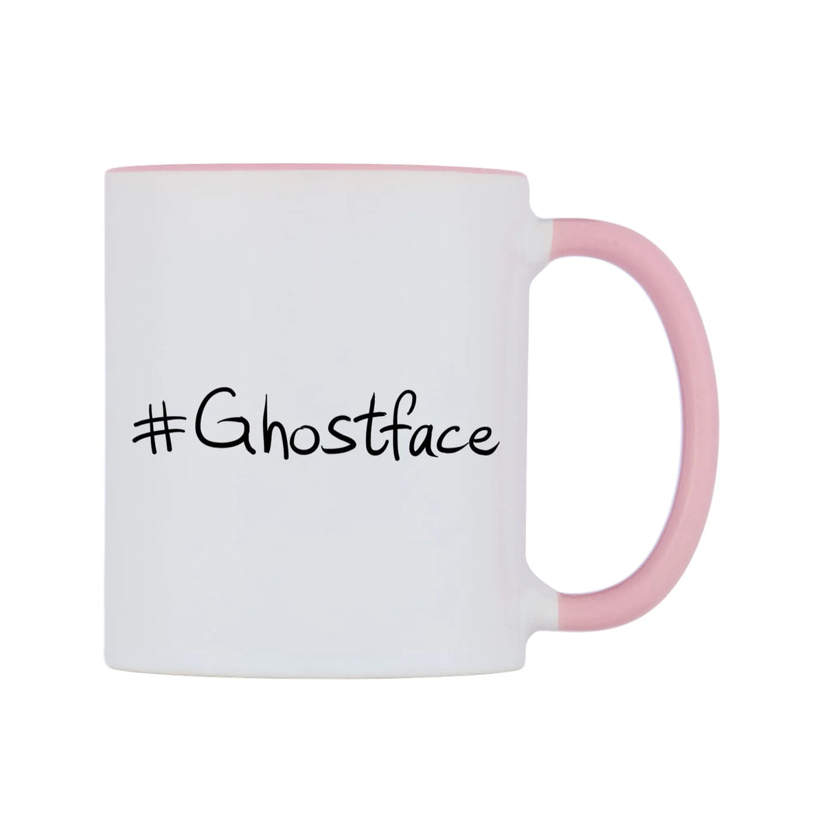 Ghostface Mug — white 11oz gloss mug with a pink inside and handle, left side, on a white background