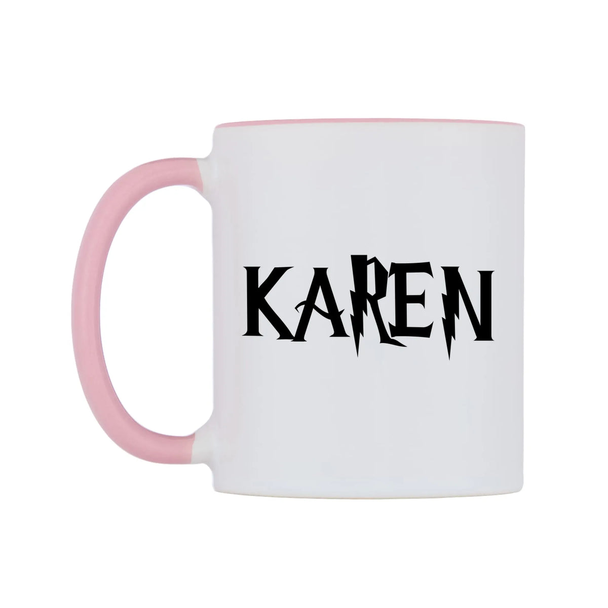Karen - Wizard Themed Mug — white 11oz gloss mug with a pink inside and handle, right side, on a white background