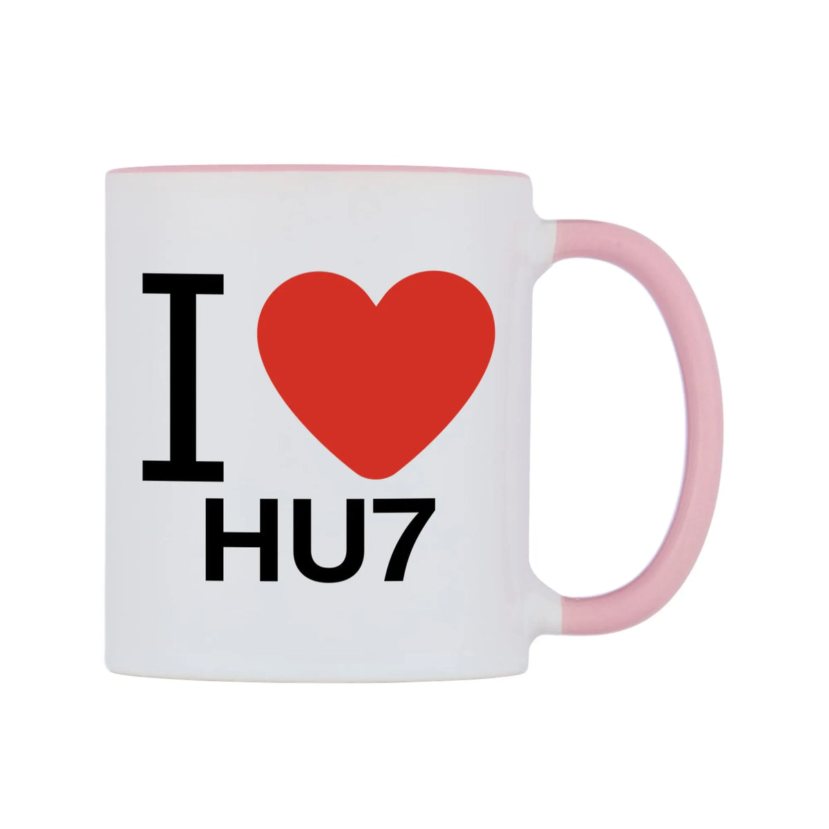 I Love HU7 Mug — white 11oz gloss mug with a pink inside and handle, left side, on a white background