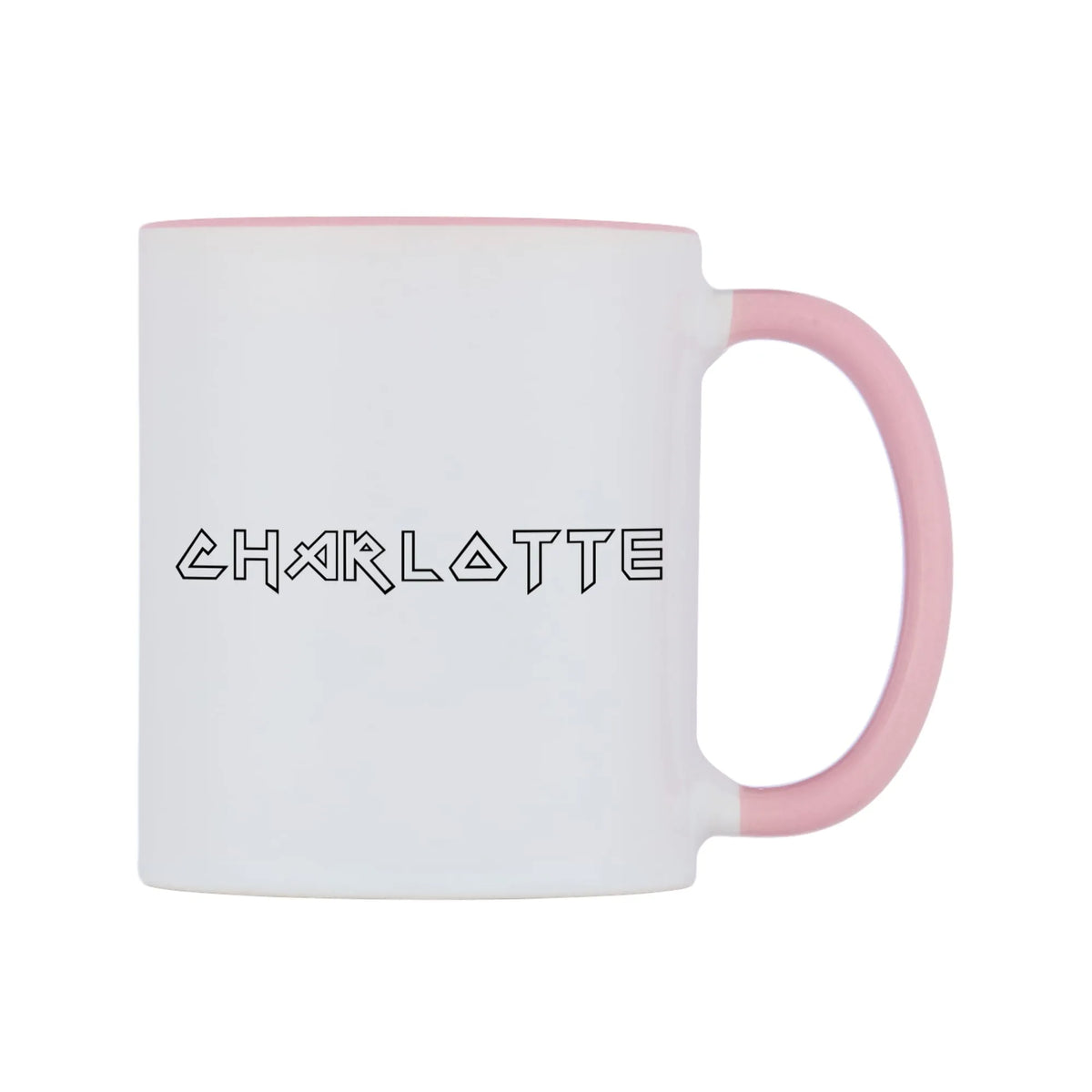 Charlotte - Iron Maiden Themed Mug — white 11oz gloss mug with a pink inside and handle, left side, on a white background
