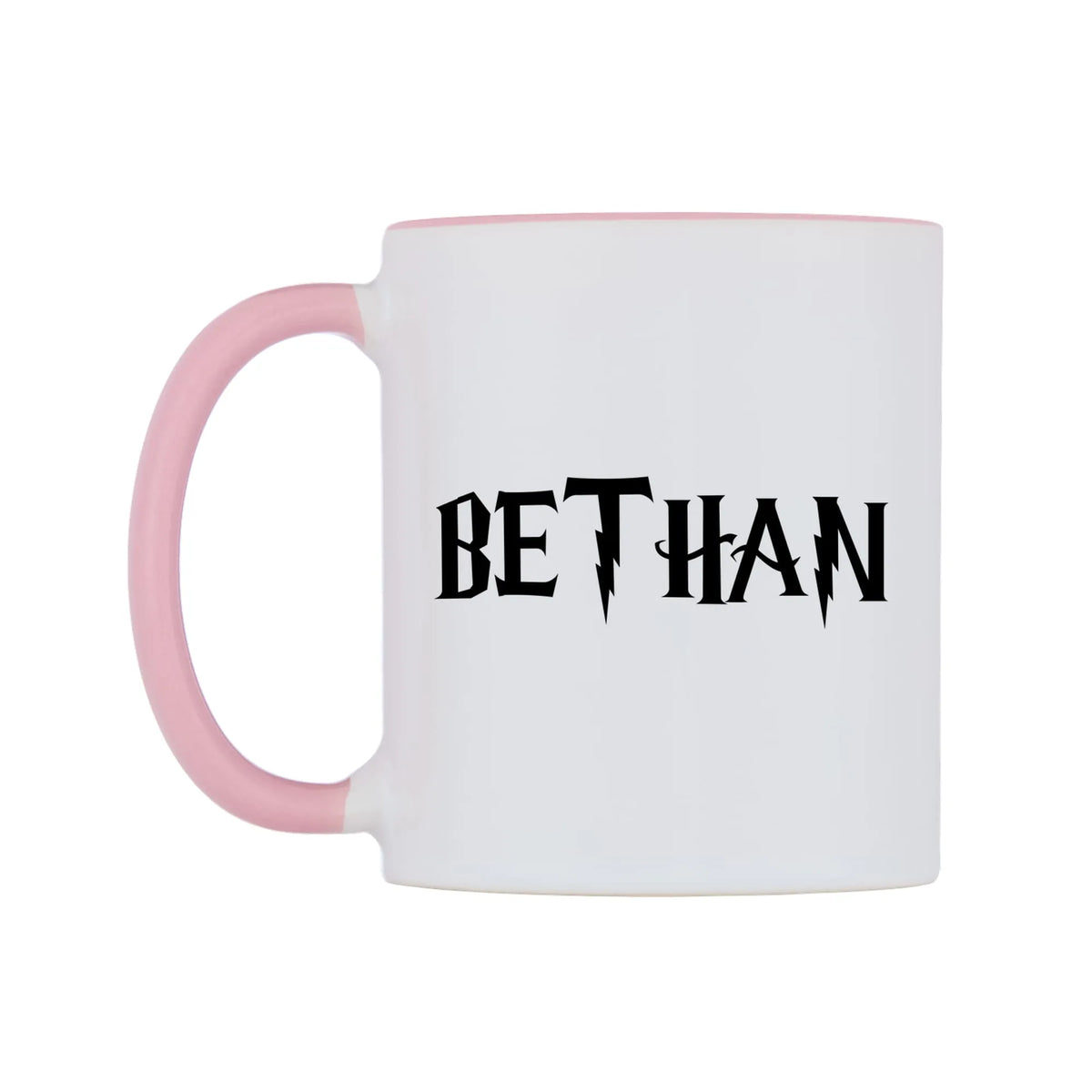 Bethan - Wizard Themed Mug — white 11oz gloss mug with a pink inside and handle, right side, on a white background