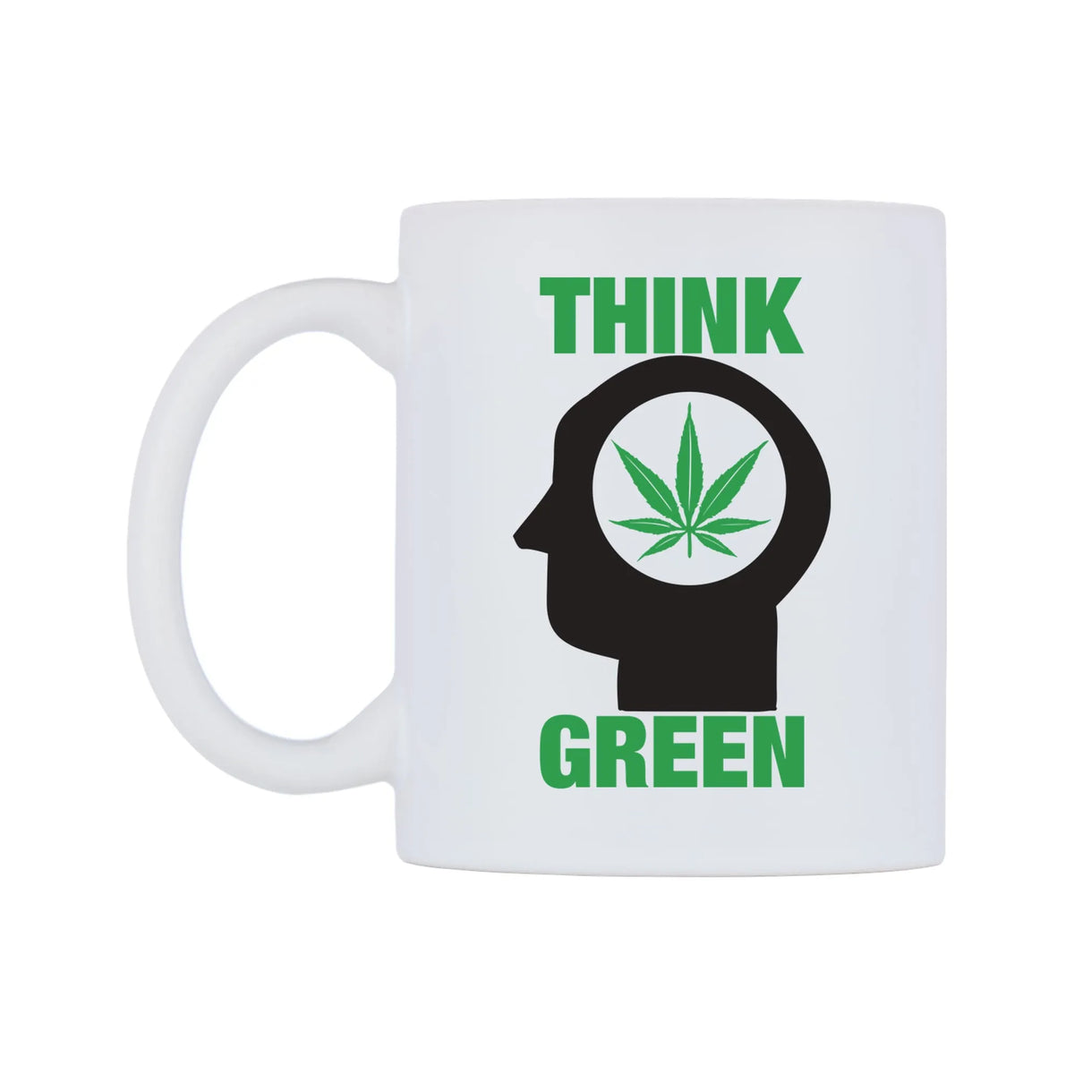 Think Green Mug — white 11oz gloss mug, right side, on a white background