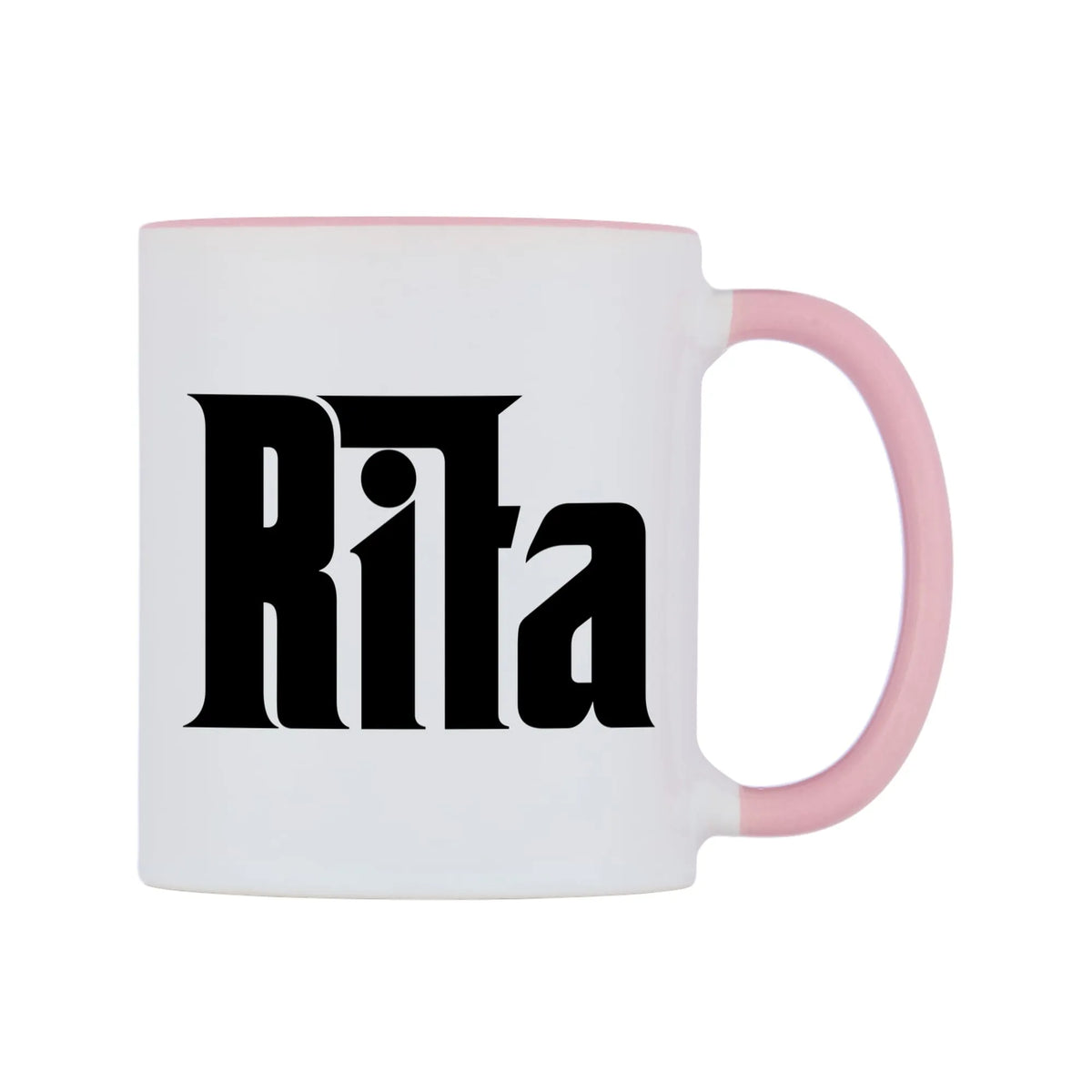 Rita - Godfather Themed Mug — white 11oz gloss mug with a pink inside and handle, left side, on a white background