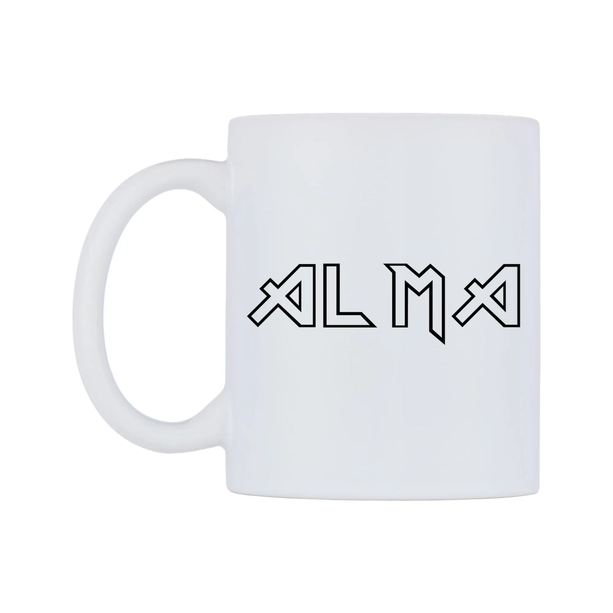 Alma - Iron Maiden Themed Mug — white 11oz gloss mug, right side, on a white background