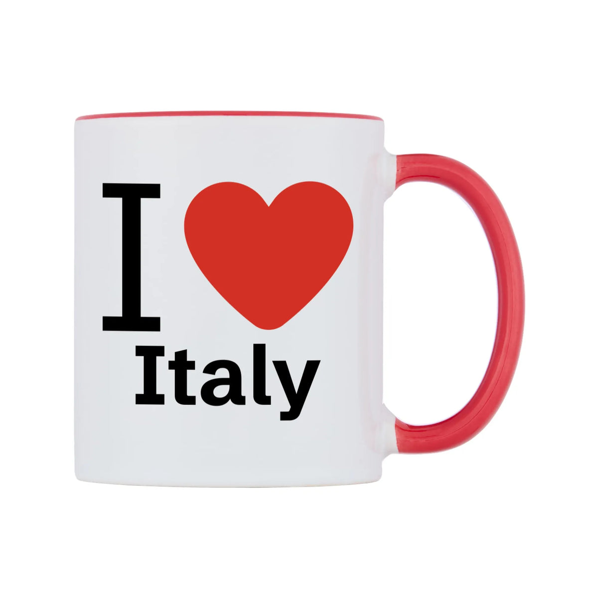 I Love Italy Mug — white 11oz gloss mug with a red inside and handle, left side, on a white background