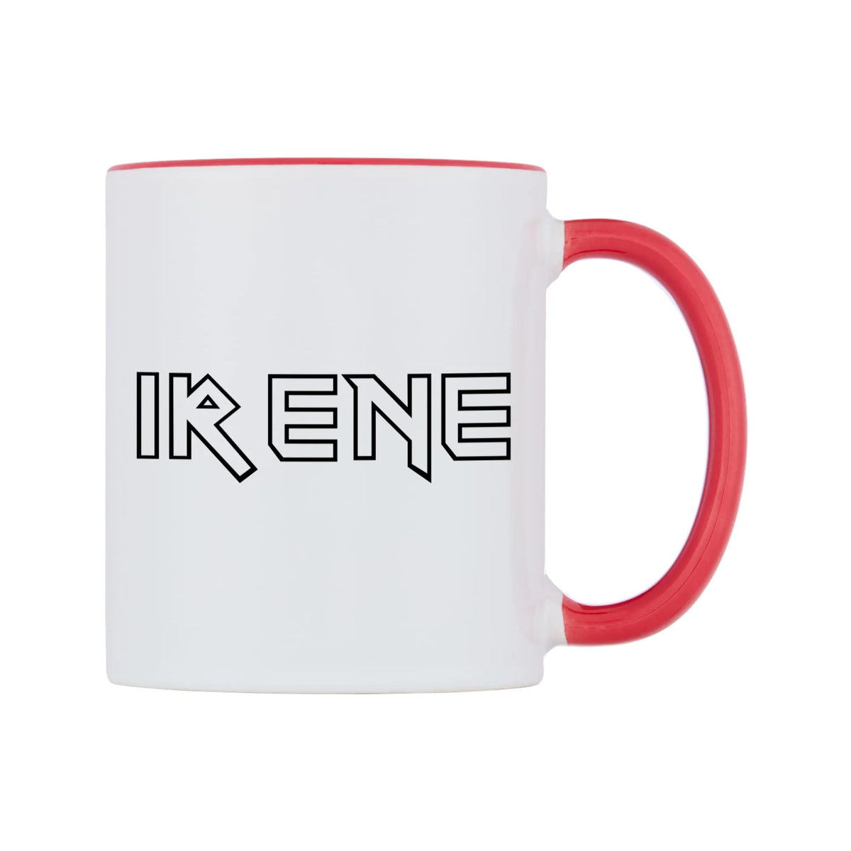 Irene - Iron Maiden Themed Mug — white 11oz gloss mug with a red inside and handle, left side, on a white background