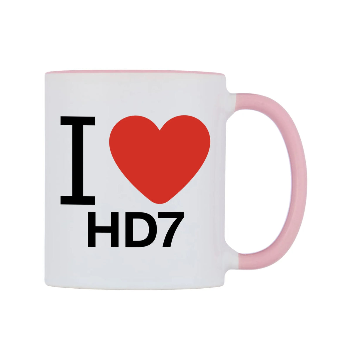 I Love HD7 Mug — white 11oz gloss mug with a pink inside and handle, left side, on a white background