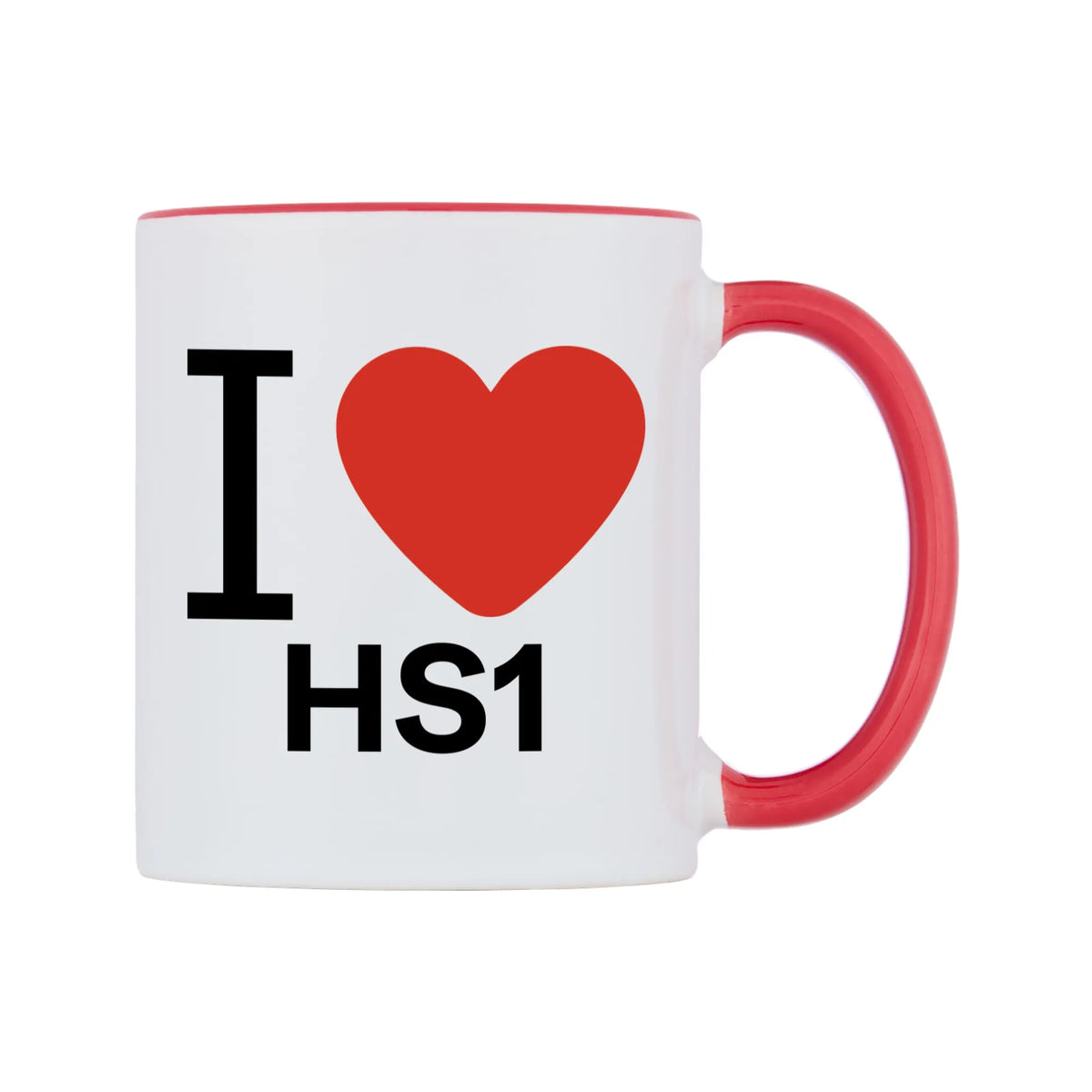 I Love HS1 Mug — white 11oz gloss mug with a red inside and handle, left side, on a white background