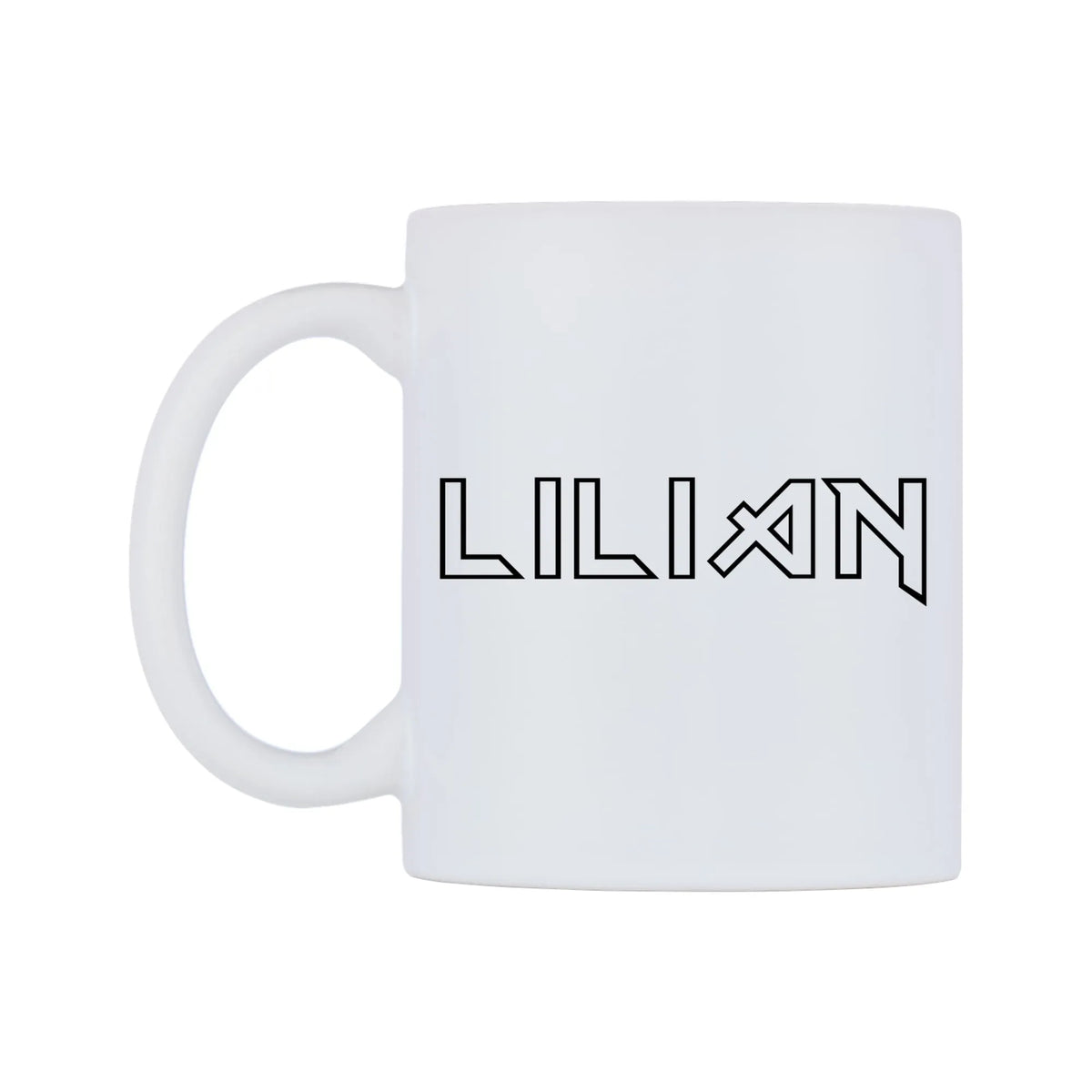 Lilian - Iron Maiden Themed Mug — white 11oz gloss mug, right side, on a white background